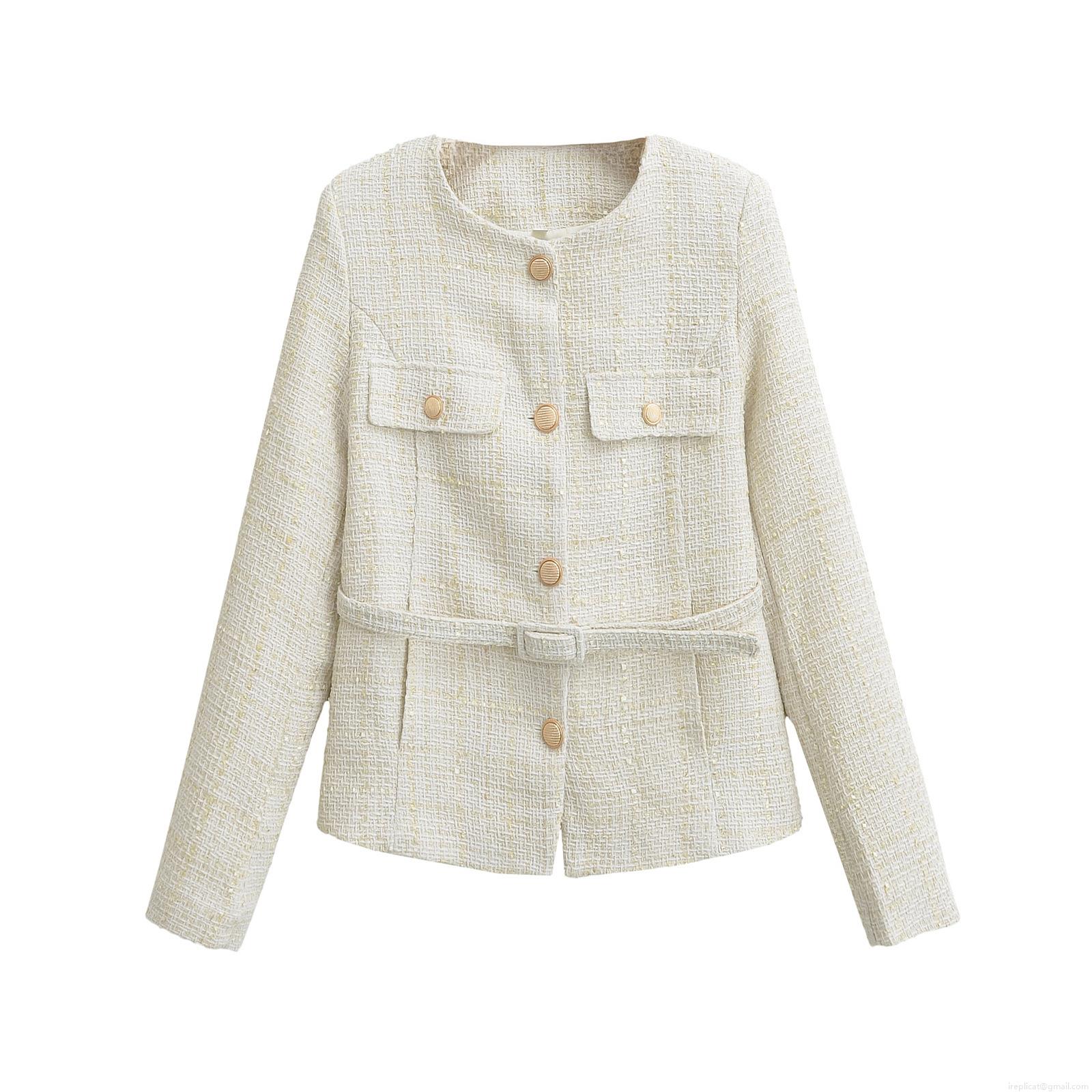 Women's Elegant Ivory Tweed Jacket With Belt Gold Embossed Buttons Round Neck Long Sleeve Classic Cream Short Coat For Office Daily Autumn Winter Outerwear