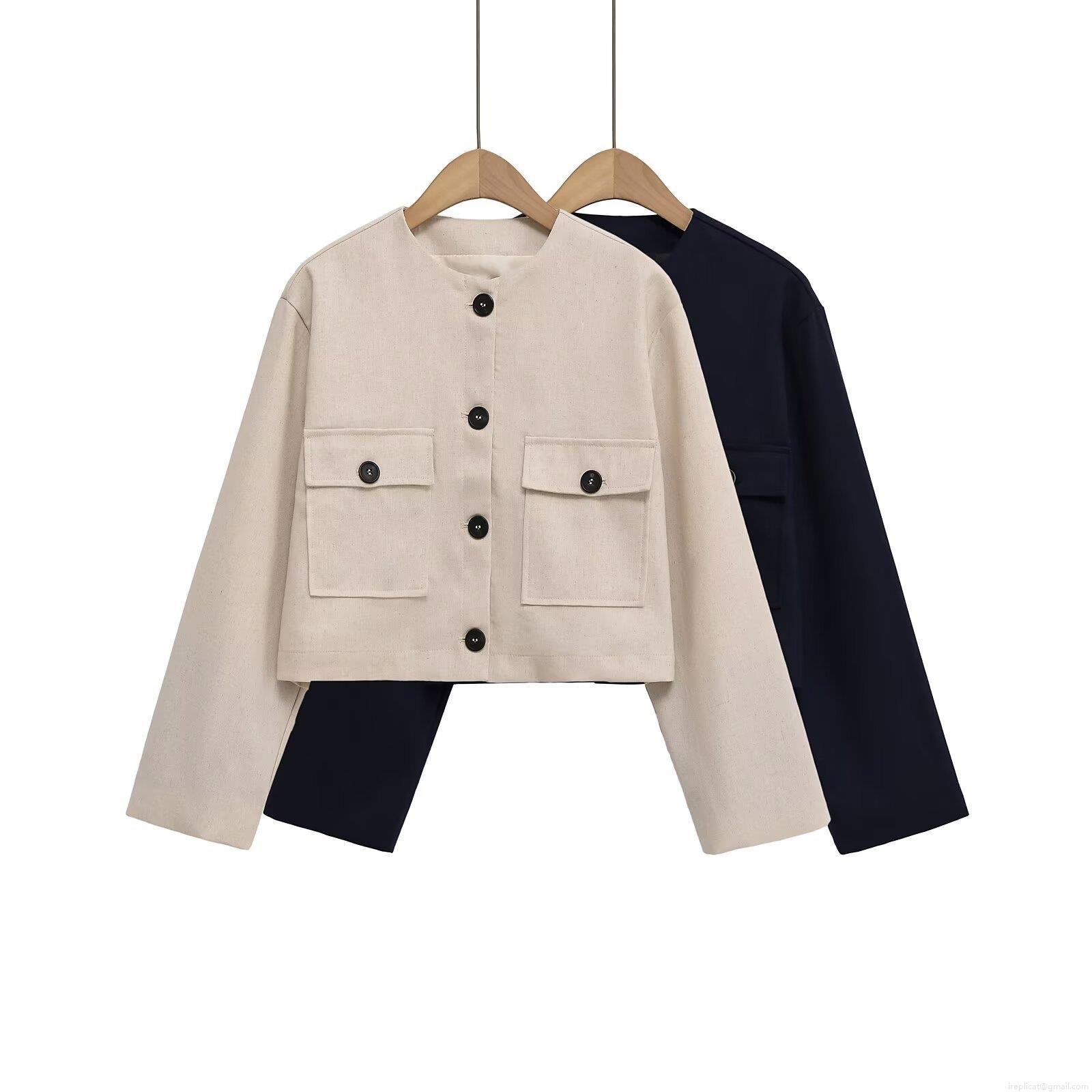 Women's Round Neck Short Jacket Button Front Long Sleeve Cropped Baseball Uniform Solid Color Street Casual Outerwear Polyester Coat