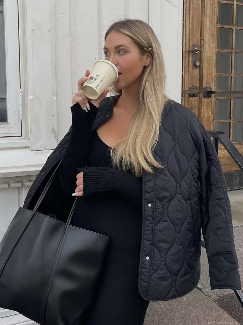 Women's Casual Quilted Jacket Lightweight Polyester Padded Puffer Coat Loose Diamond Pattern Outerwear With Buttons For Autumn Winter Daily