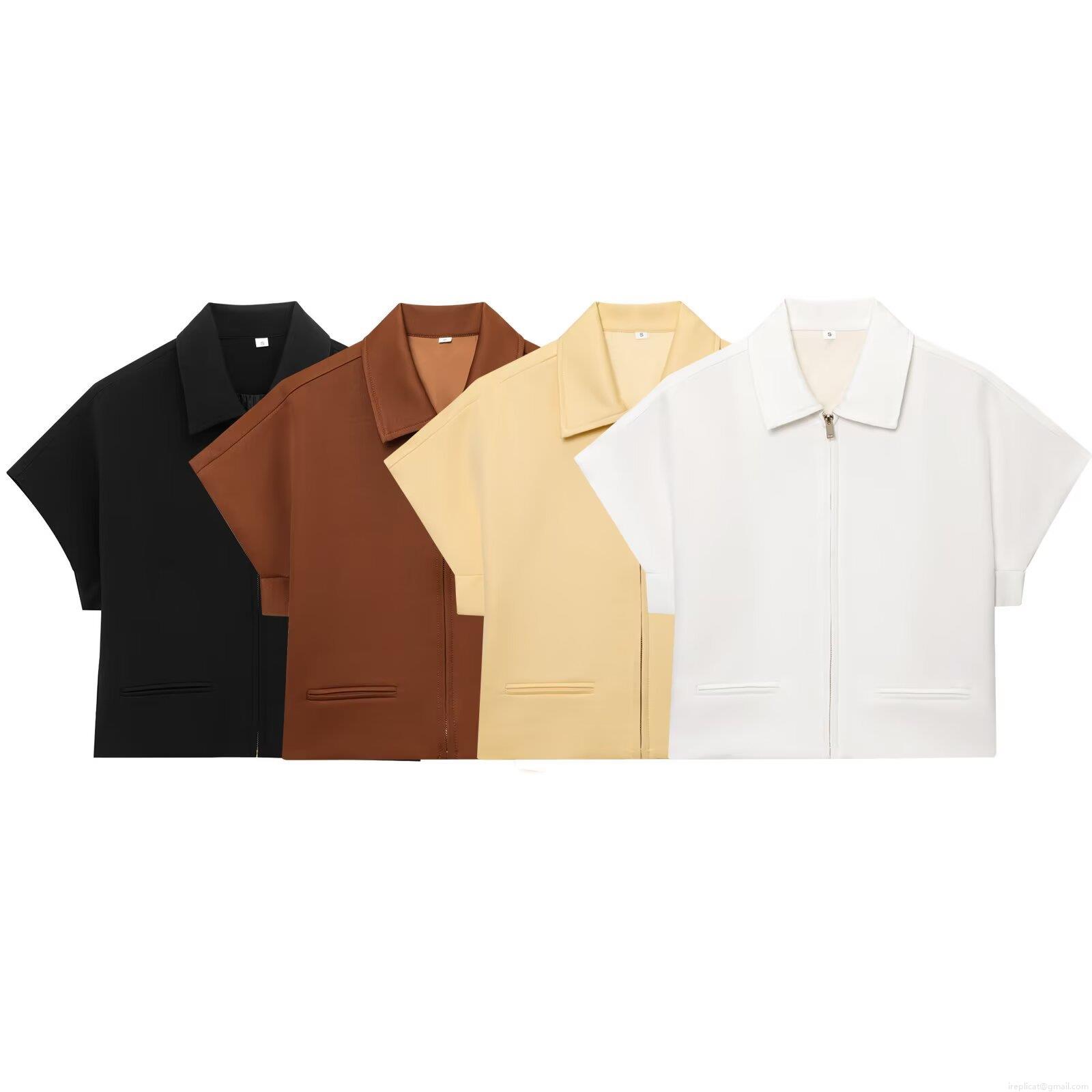 Women's Fashion Short Sleeve Zipper Jacket Lapel Baseball Uniform Solid Color Polyester Blend Outerwear Casual Streetwear Coat For Ladies