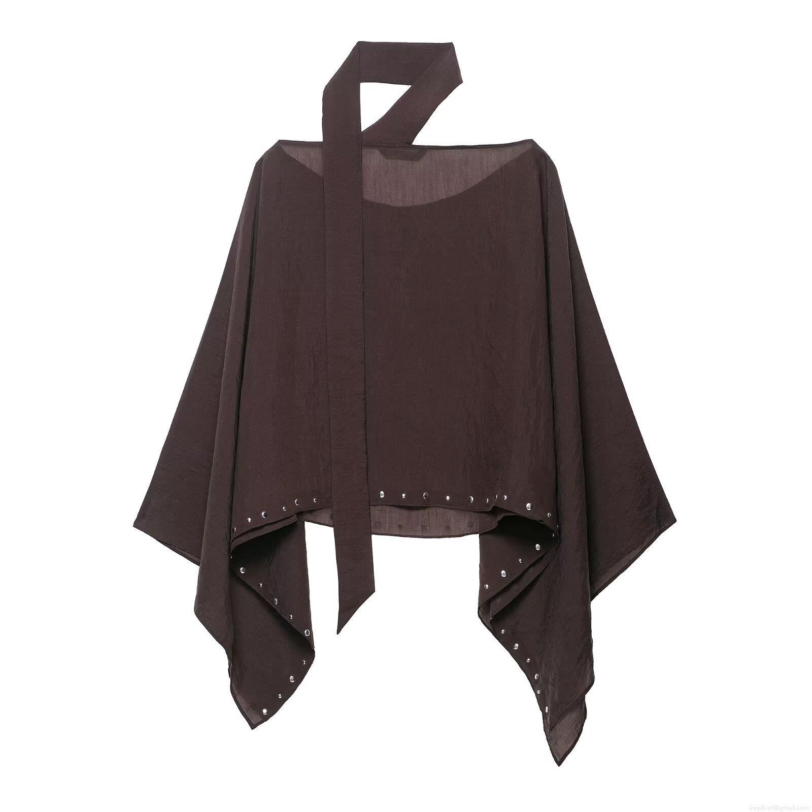 Women's Dark Brown Studded Poncho Jacket Irregular Hem Sleeveless Scarf Collar Polyester Outerwear Chic Autumn Streetwear Top