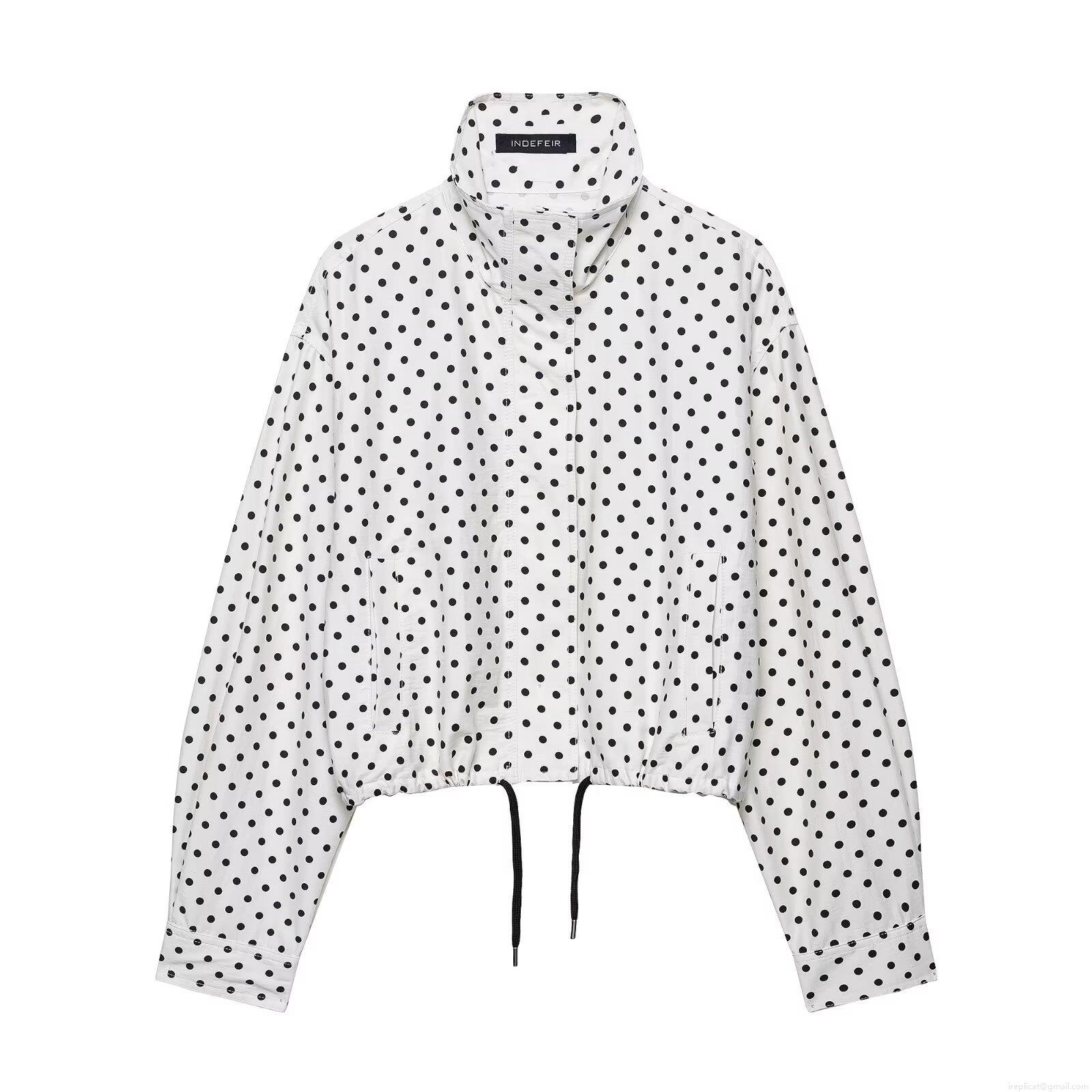 Women's Polka Dot Jacket Long Sleeve Stand Collar Zip Up Chenille Polyester Coat Autumn Casual Streetwear Outerwear With Drawstring Hem