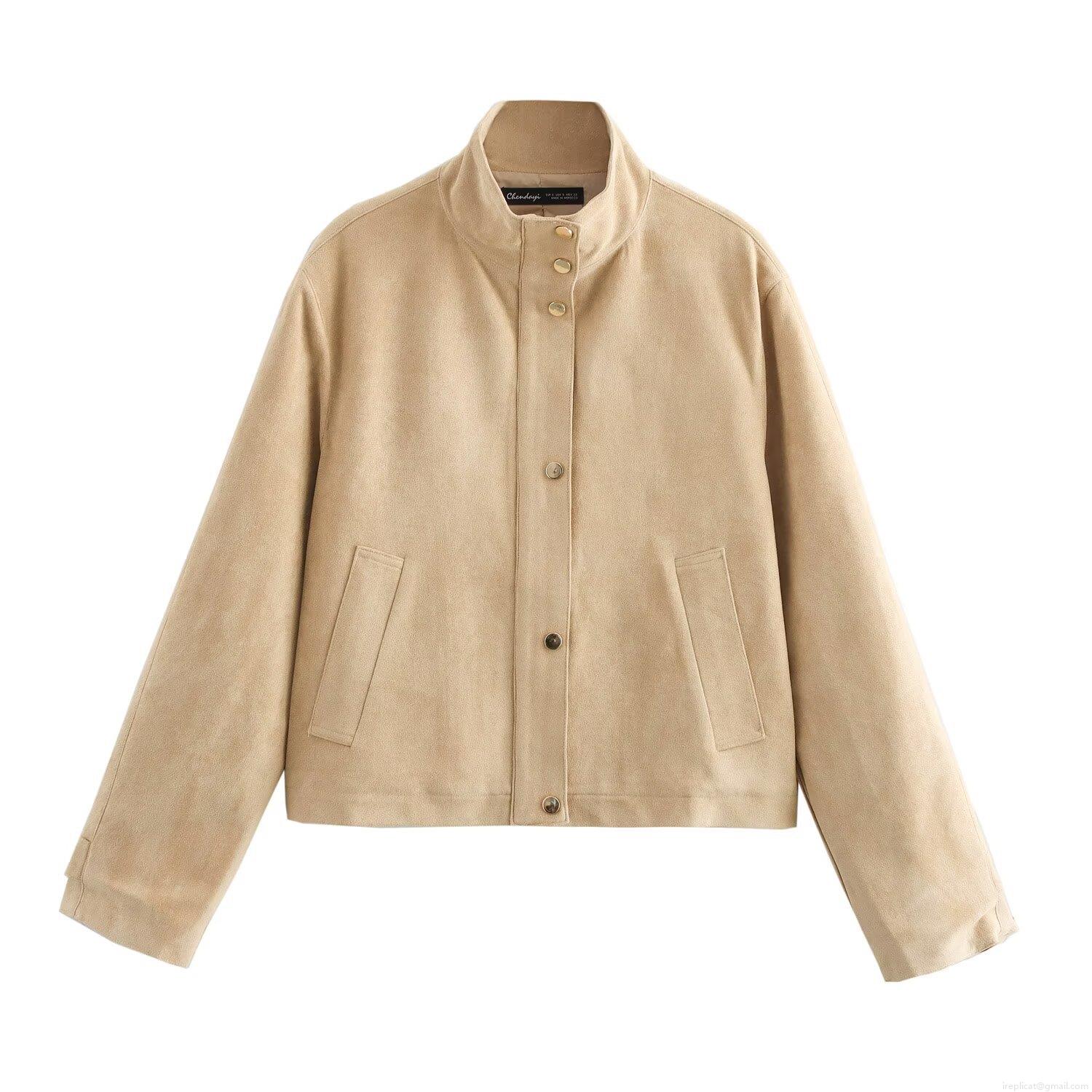 Women's Faux Suede Stand Collar Jacket Solid Color Single Breasted Loose Short Coat Autumn Winter Streetwear Outerwear For Women