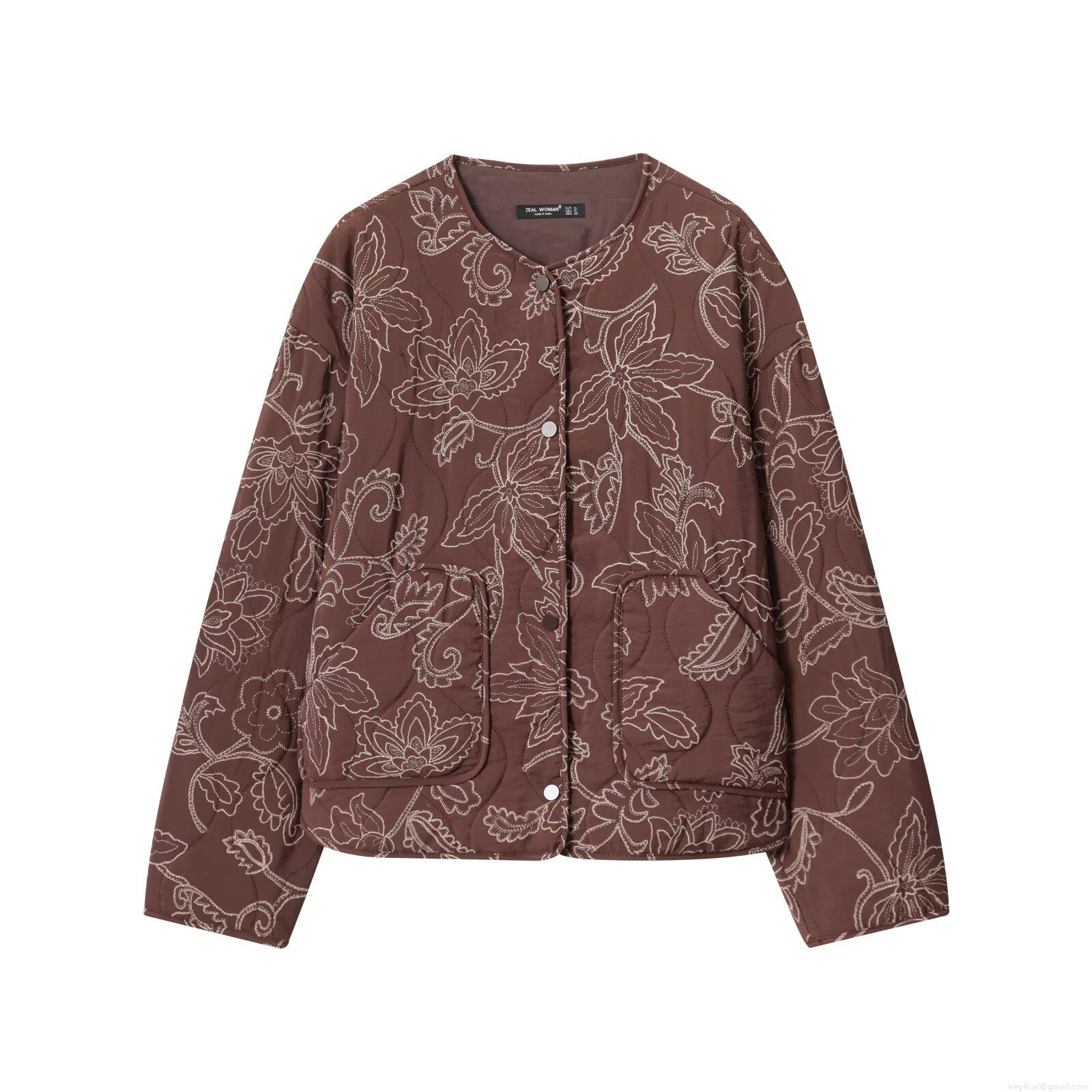 Women Quilted Baseball Jacket Brown Flower Embroidery Long Sleeve Snap Button Polyester Casual Streetwear Outerwear Coat For Autumn Ladies
