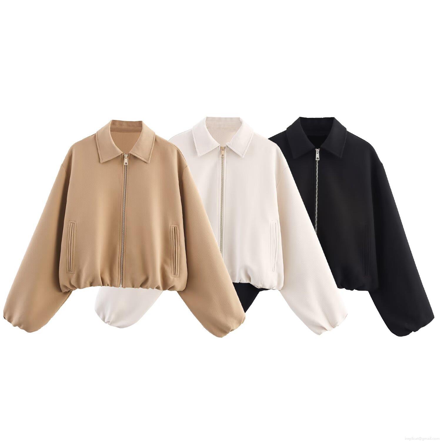 Women's Solid Color Zipper Jacket Fashion Lapel Long Sleeve Short Coat Polyester Loose Streetwear Baseball Uniform Style Autumn Outwear For Ladies