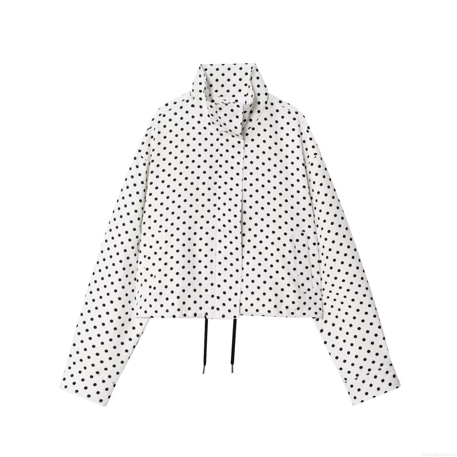 Women's Polka Dot Stand Collar Jacket Long Sleeve Zipper Bomber Outerwear With Drawstring Hem Polyester Autumn Streetwear Casual Short Coat