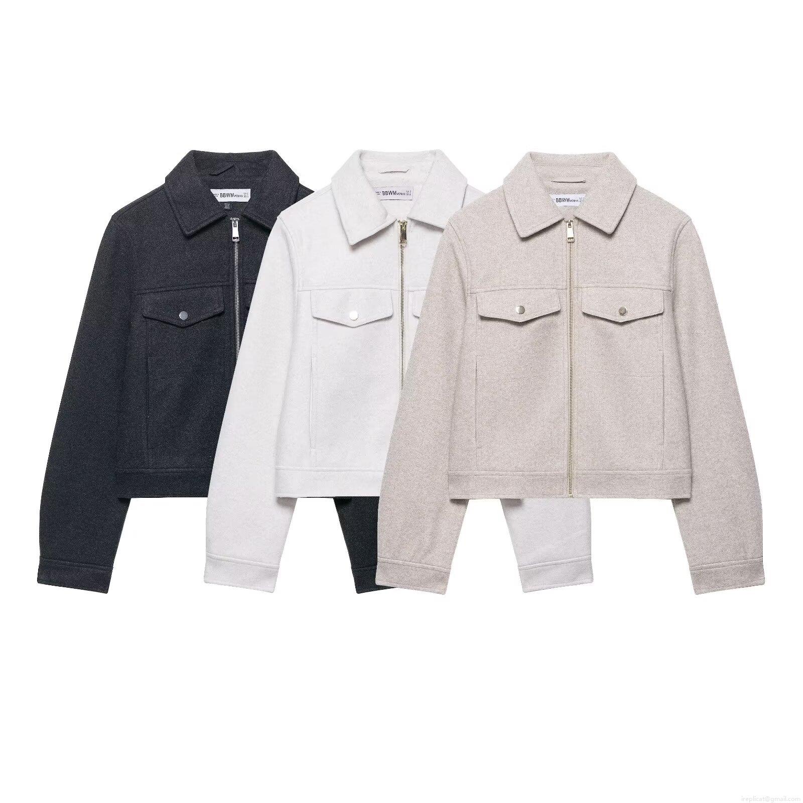 Women Short Lapel Woolen Texture Jacket Casual Long Sleeve Zipper Outwear With Chest Pockets Solid Color Autumn Fashion Baseball Uniform Coat For Ladies Streetwear