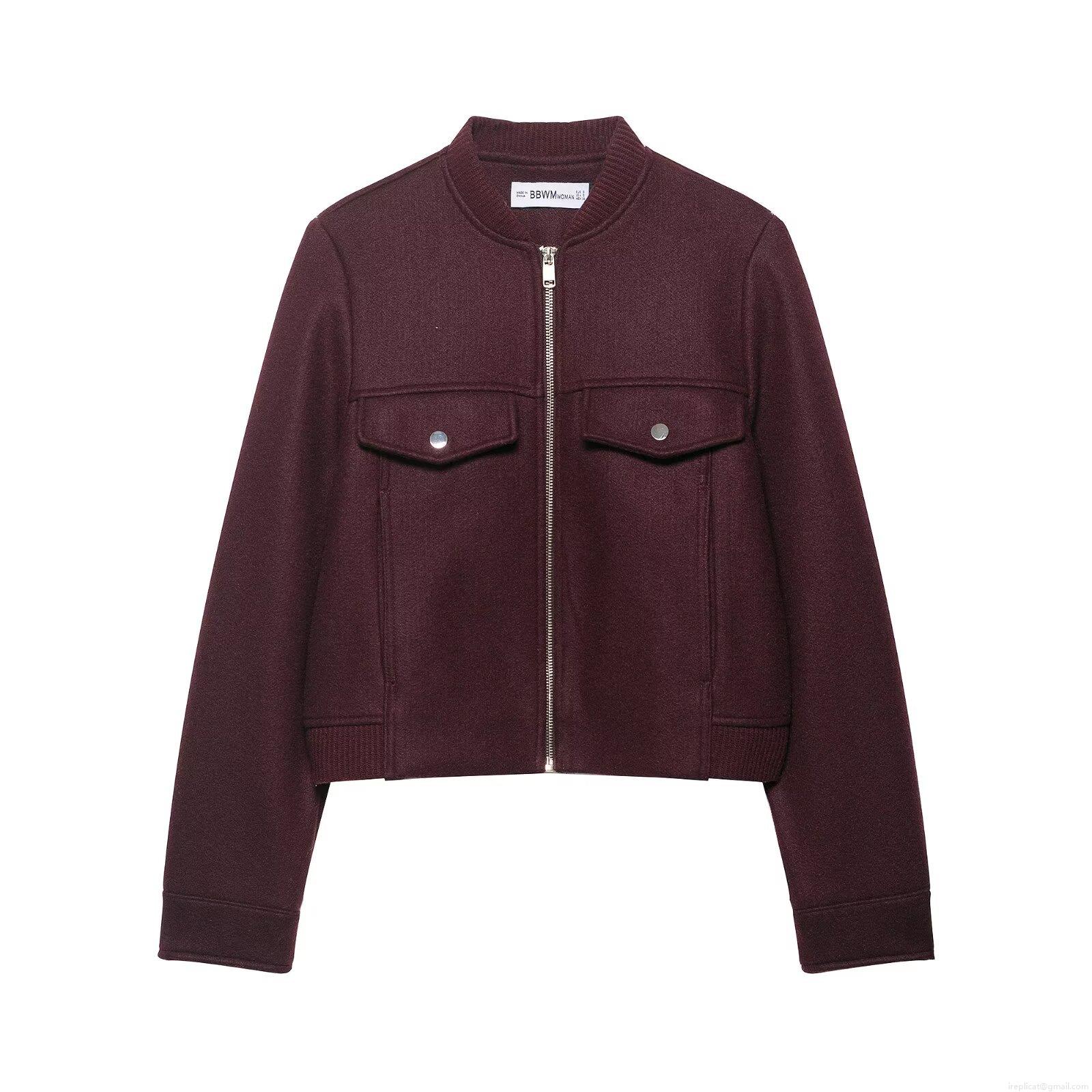 Women Burgundy Short Bomber Jacket Woolen Texture Long Sleeve Zipper Coat Casual Streetwear Outwear With Pockets