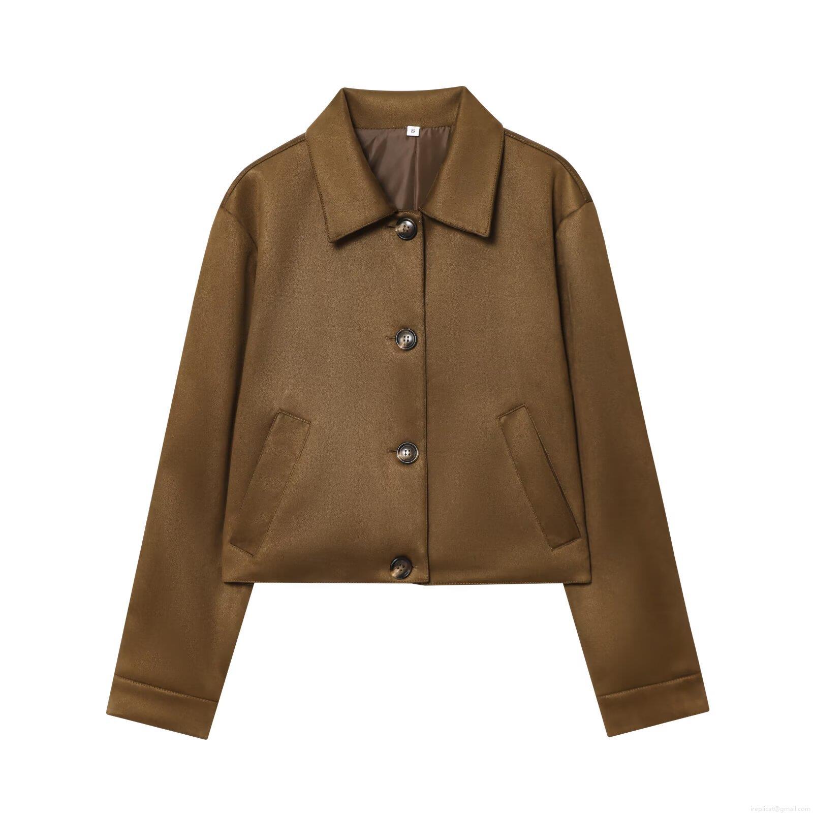 Women Suede Texture Short Jacket Long Sleeve Turnover Collar Single Breasted Baseball Coat Outerwear For Autumn Winter Streetwear Ladies Dark Brown Top