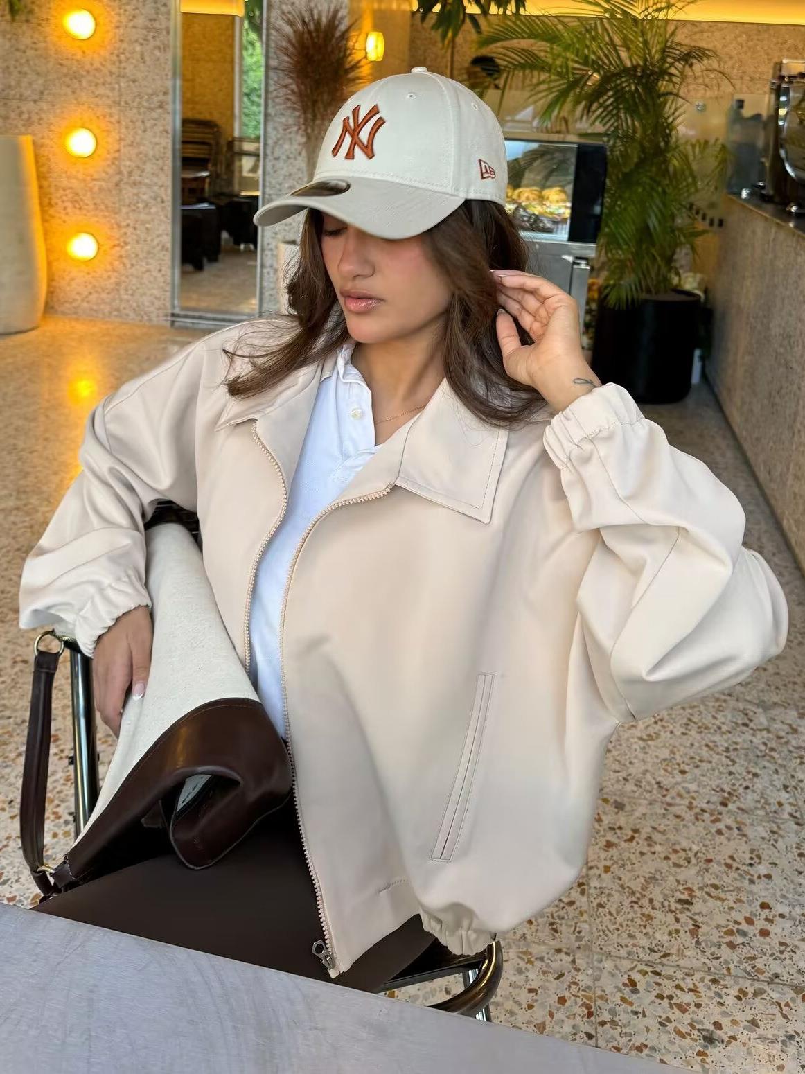 Women's Fashion Suede Zipper Jacket Loose Bomber Jacket With Lapel Collar Solid Color Long Sleeve Short Outerwear Streetwear For Spring Autumn