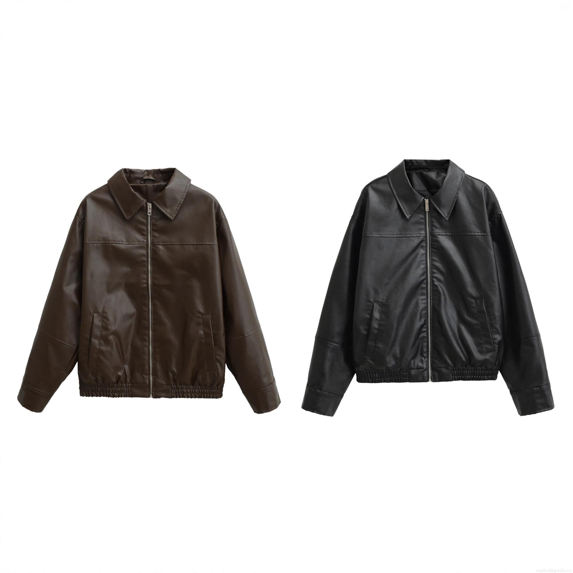 Women's PU Leather Jacket Long Sleeve Lapel Zipper Outerwear Loose Fit Polyester Lining Bomber Coat Streetwear For Autumn Winter