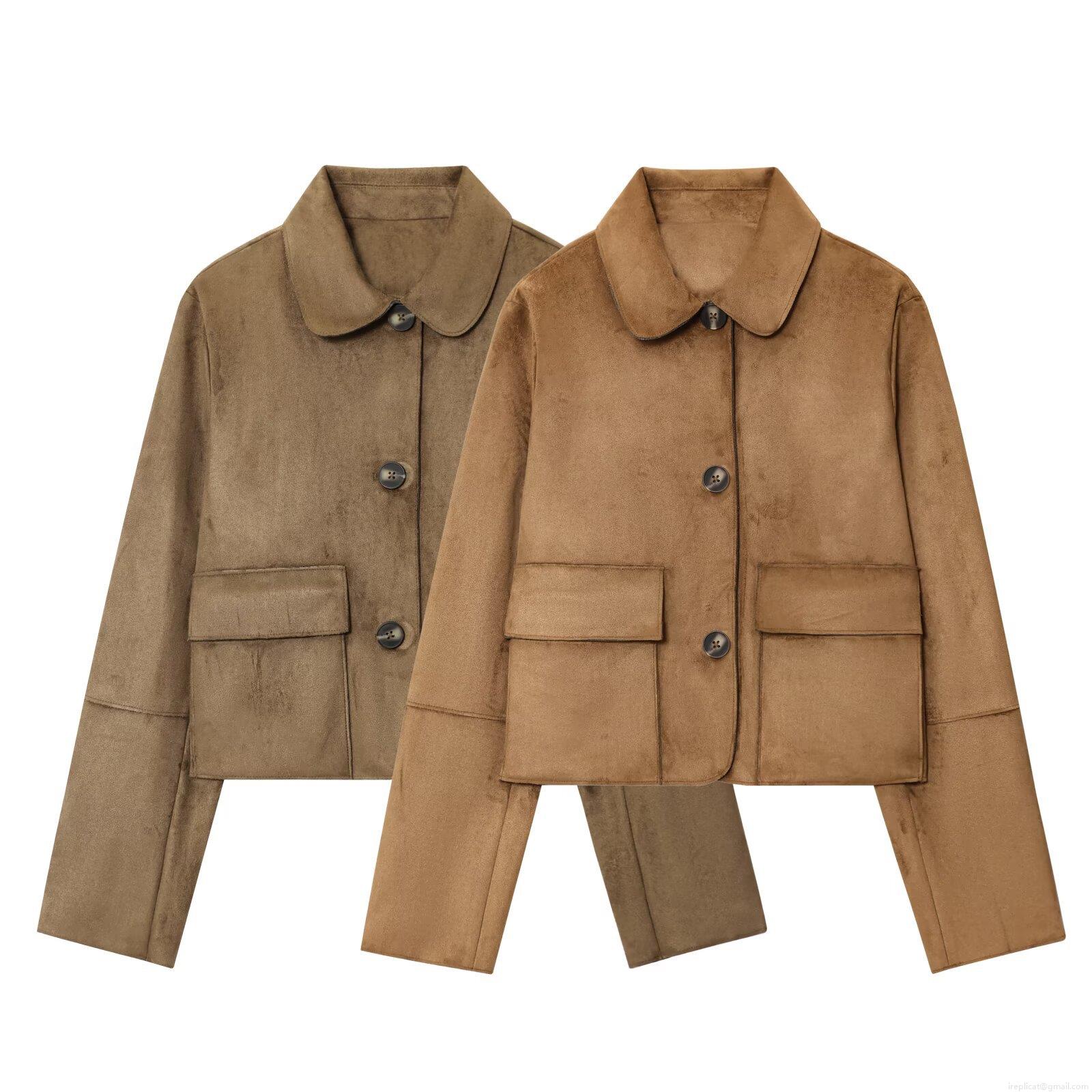 Women's Faux Suede Jacket Vintage Lapel Long Sleeve Single Breasted Short Coat Streetwear Outerwear Solid Color With Large Pockets Autumn Winter