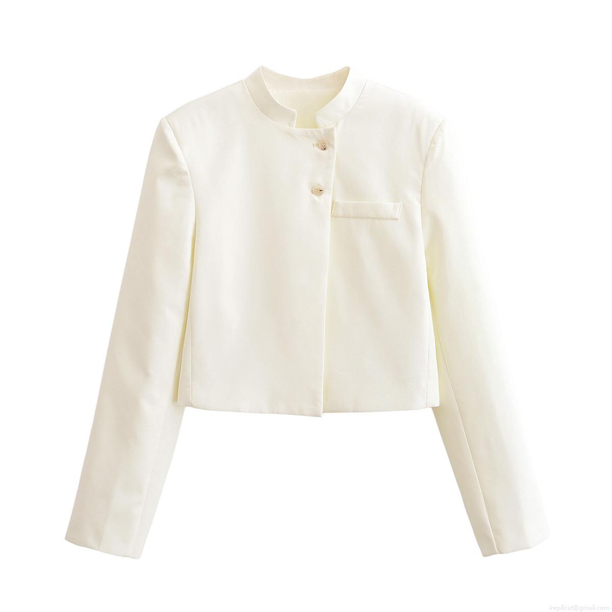 Women's Chic Short Jacket Stand Collar Long Sleeve Single Breasted Solid Color Polyester Outerwear For Autumn Streetwear Minimalist Fashion Coat