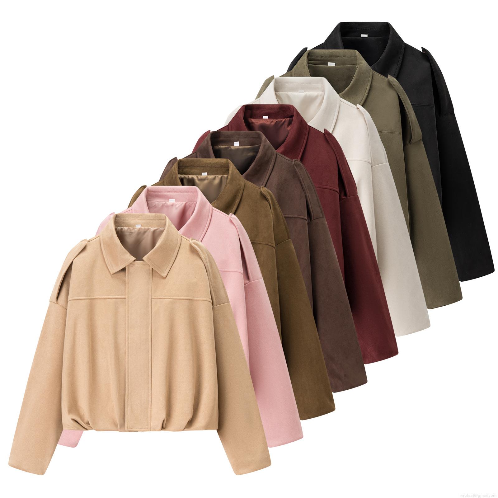 Women's Casual Short Faux Suede Jacket Solid Color Lapel Long Sleeve Zip Up Bomber Coat Vintage Streetwear Outerwear For Autumn Winter