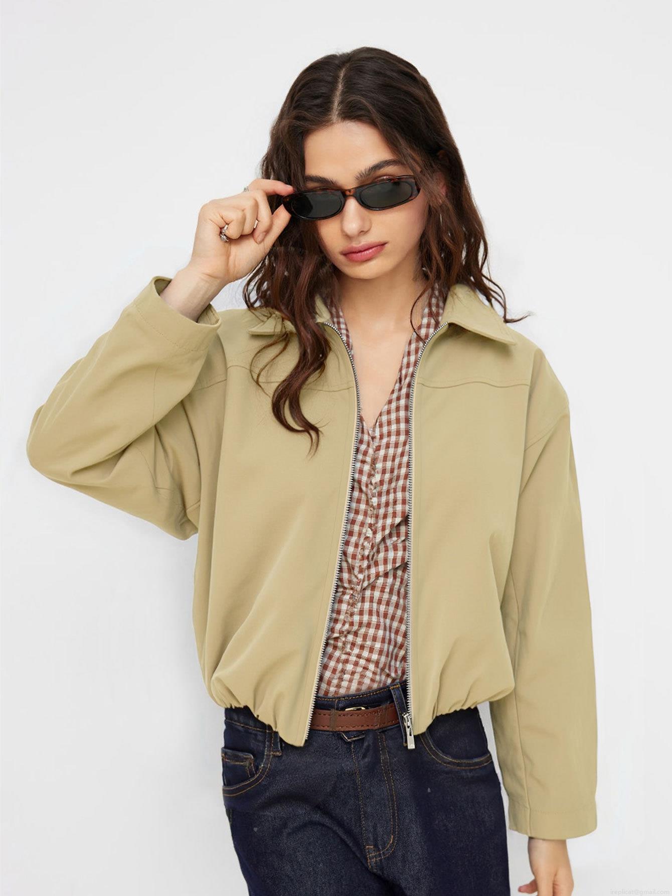 Women's Short Cargo Jacket 100% Polyester Zipper Up Utility Outerwear Lapel Stand Collar Long Sleeve Windbreaker For Daily Commute Retro Casual Coat Khaki