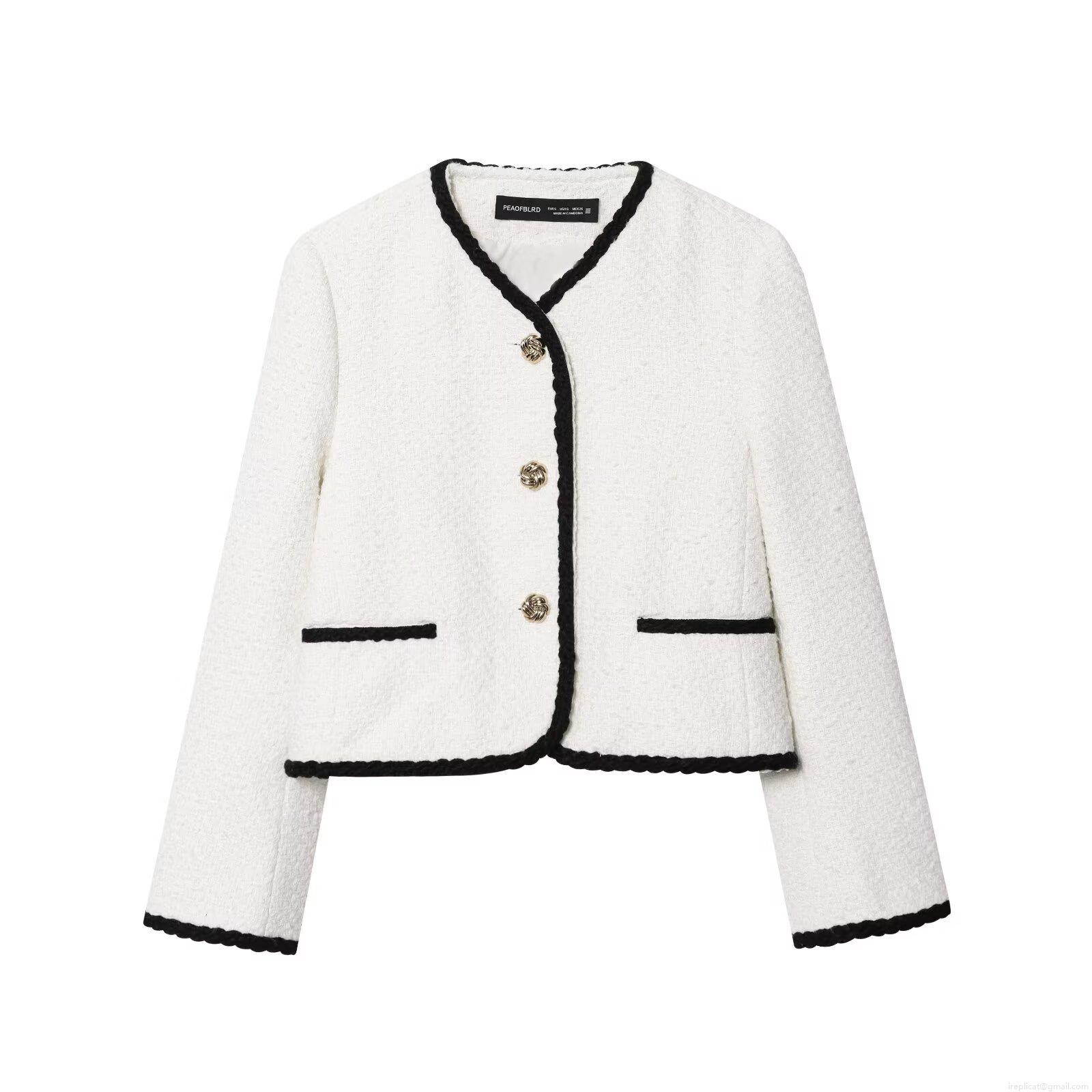 Women's Elegant Tweed Jacket Contrast Trim Gold Button Down Short Coat Loose Fit Long Sleeve Outerwear For Women Chic Chanel Style Autumn Winter Fashion