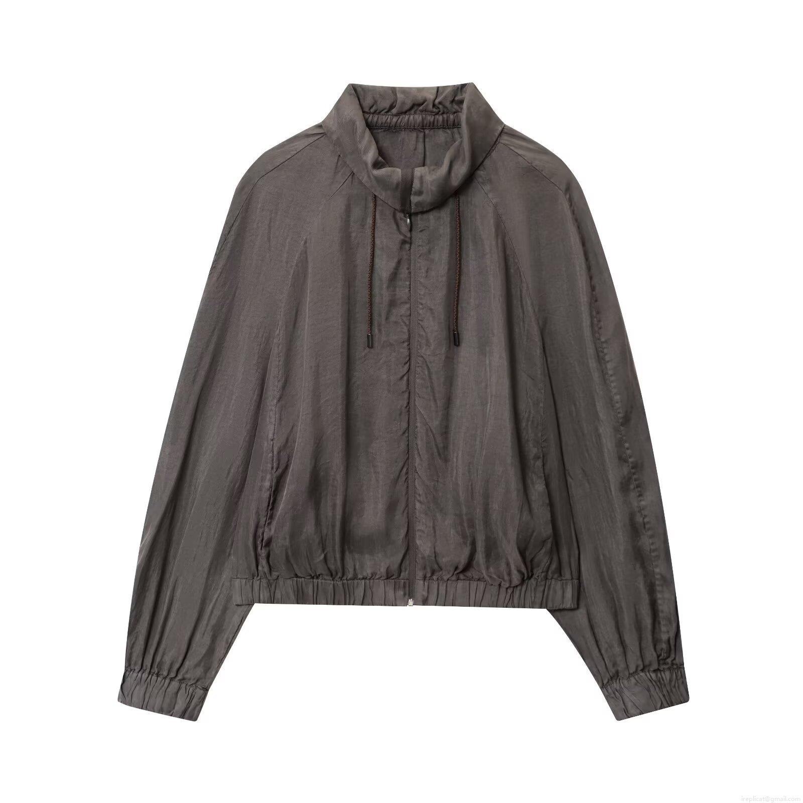 Women's Chic Bomber Jacket Cotton Polyamide Blend Zipper Stand Collar Drawstring Streetwear Flight Jacket Outerwear For Ladies