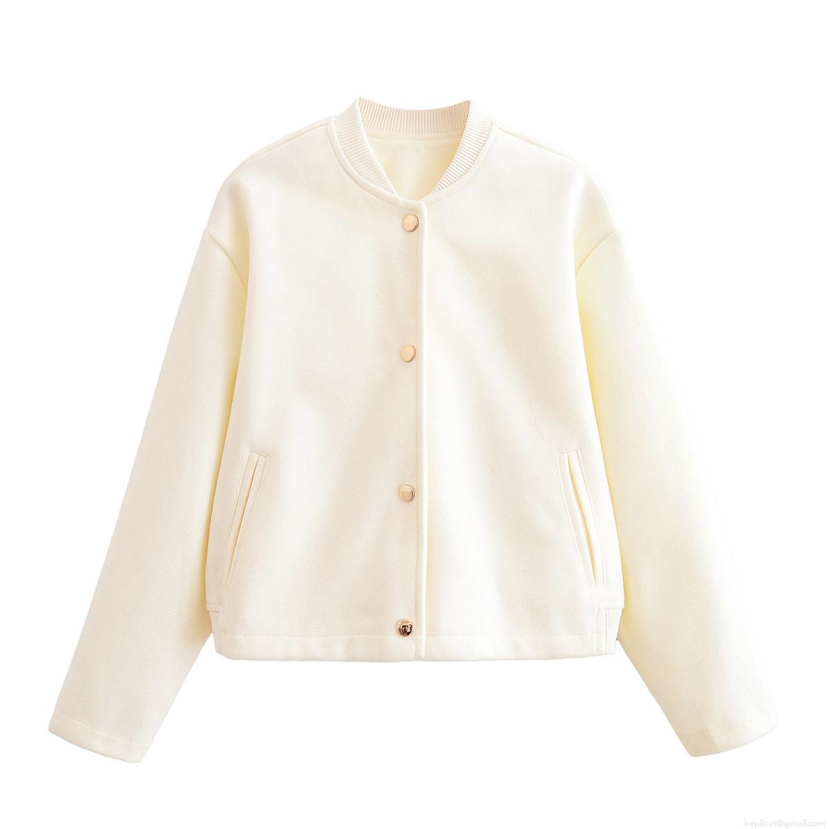 Women's Loose Solid Color Baseball Jacket Western Style Stand Collar Single Breasted Coat With Gold Metal Buttons Cream Beige Outwear Autumn Winter