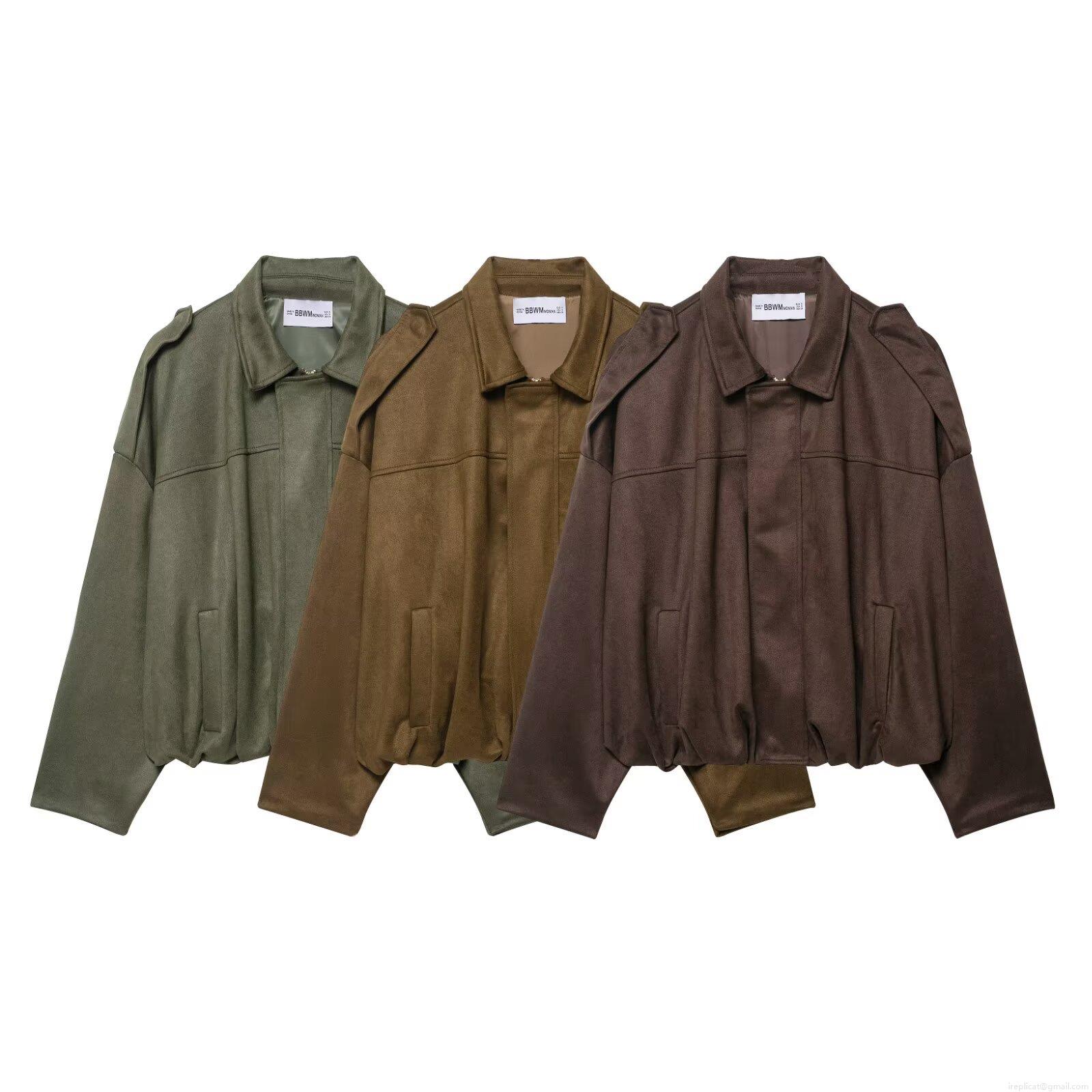 Women's Faux Suede Zip Up Jacket Lapel Collar Loose Fit Baseball Coat With Pockets And Shoulder Straps Vintage Streetwear Outerwear For Autumn Winter