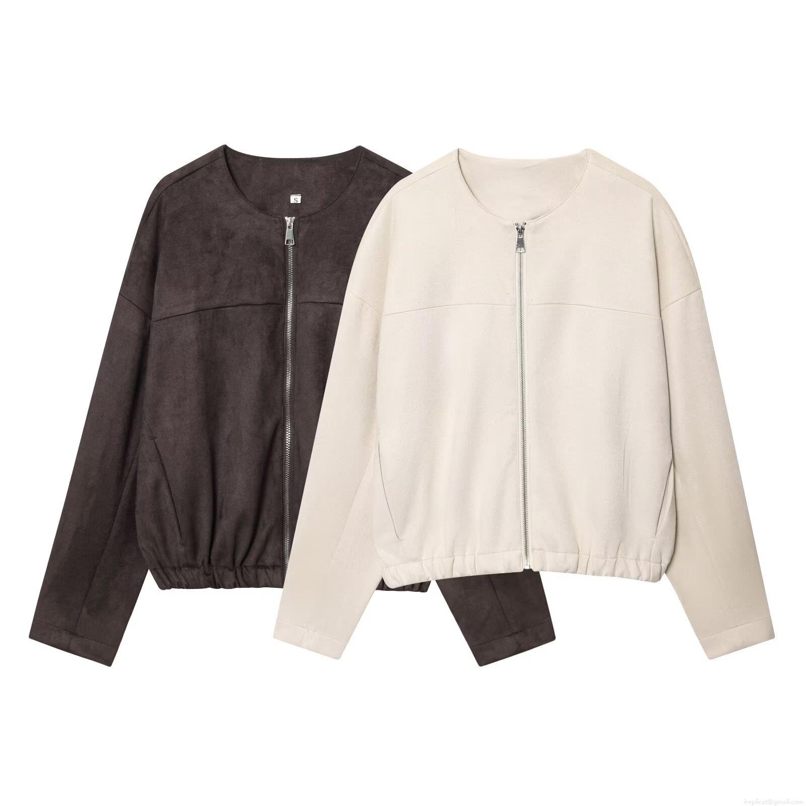 Women's Faux Suede Bomber Jacket Solid Color Round Neck Zipper Outerwear Loose Fit Casual Streetwear Fashion Baseball Coat For Autumn Winter