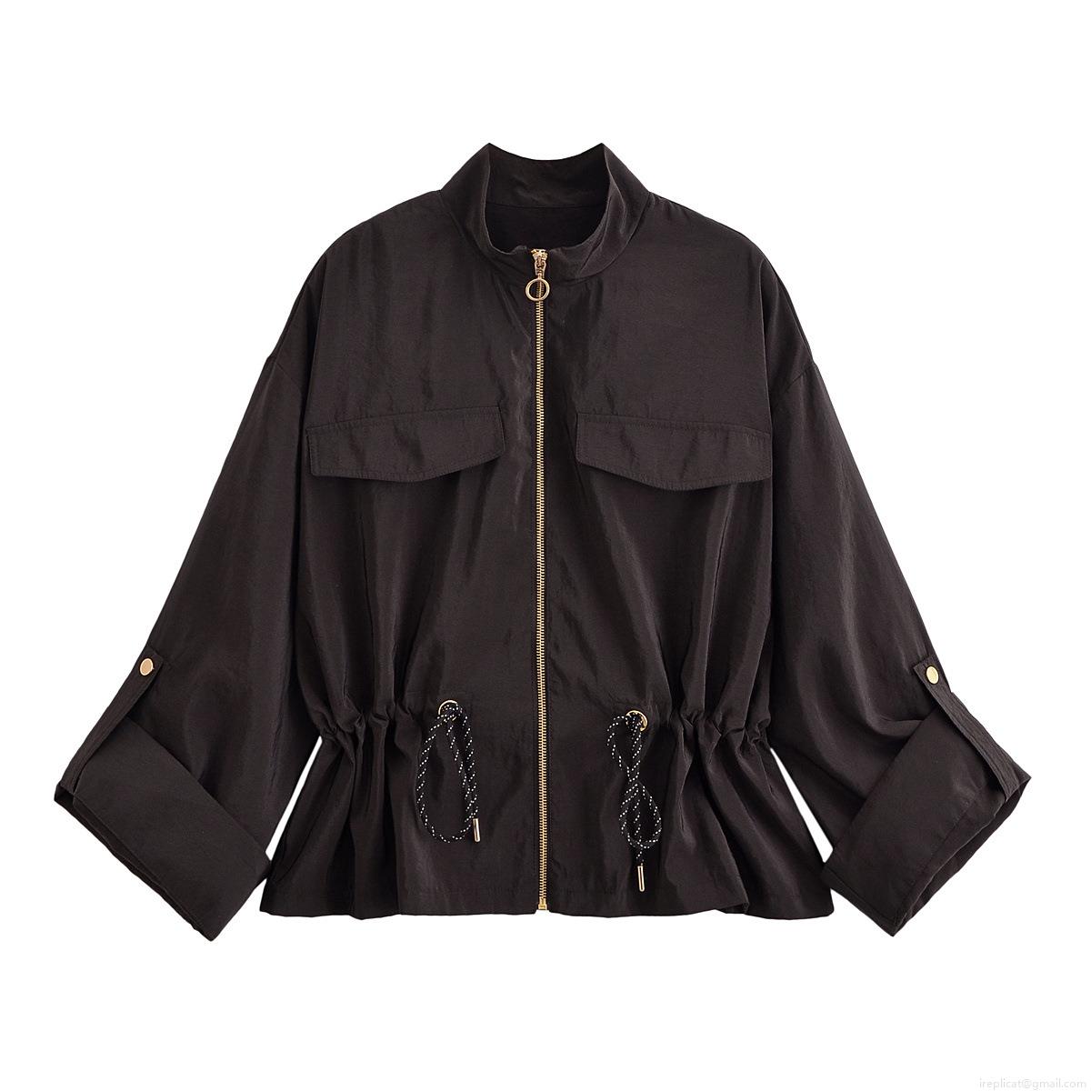 Women's Stand Collar Long Sleeve Jacket Lightweight Polyester Windbreaker With Drawstring Waist And Gold Zipper Solid Color Casual Streetwear Coat