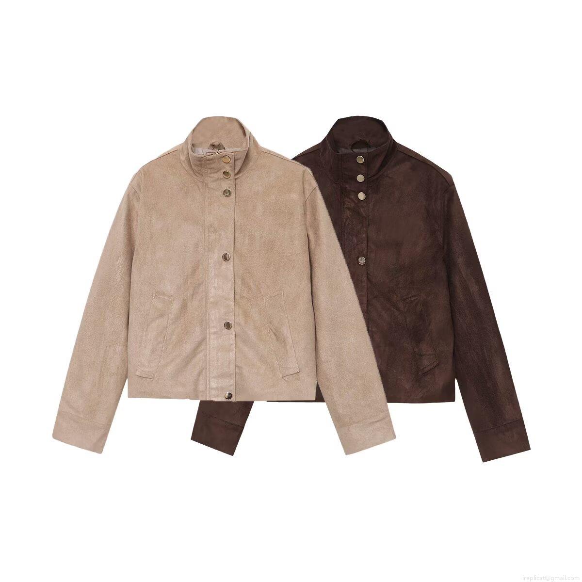 Women Suede Jacket Stand Collar Single Breasted Solid Color Short Coat Streetwear Outerwear Khaki Coffee Brown Fashion Jacket