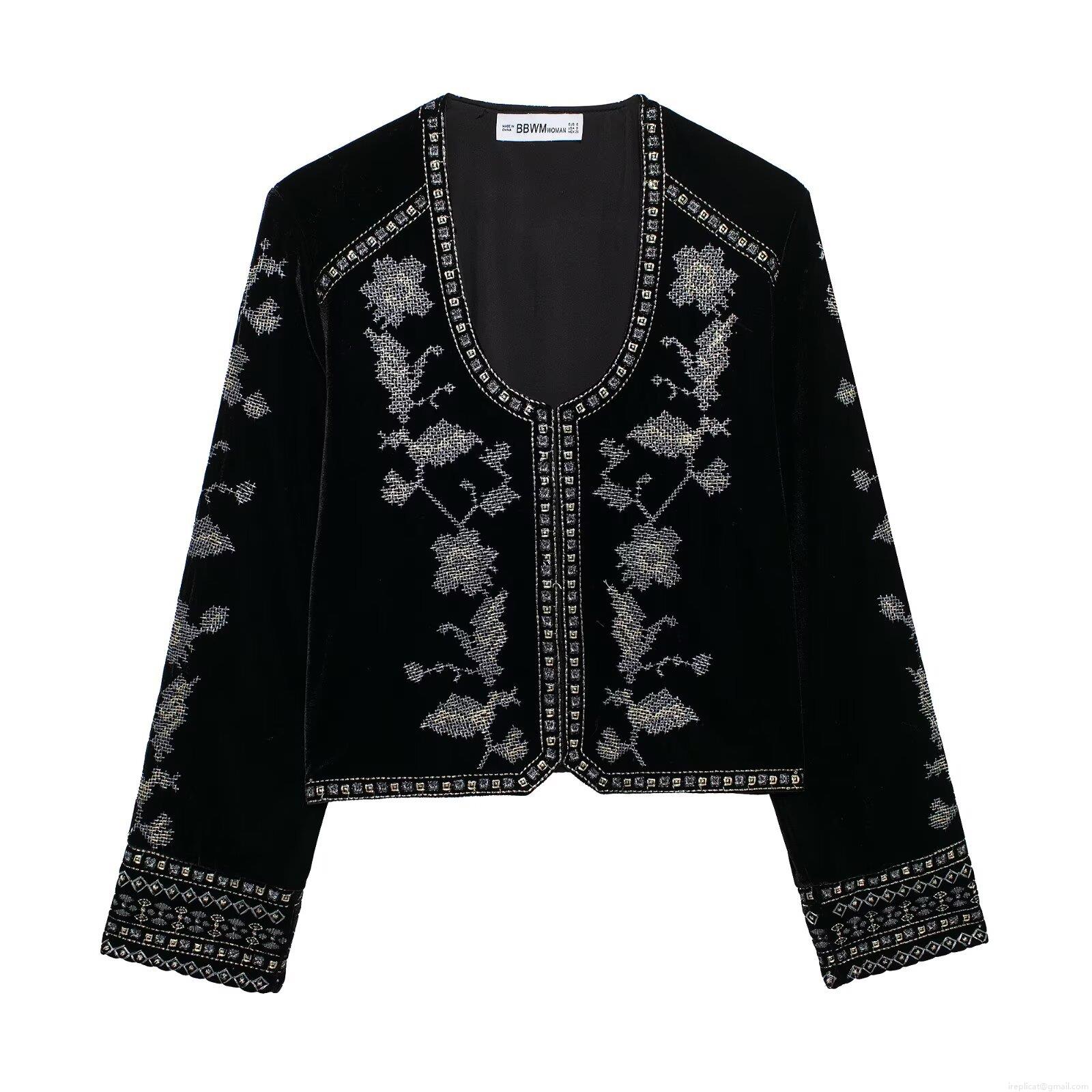 Women's Luxury Black Polyester Velvet Jacket With Heavy Floral Embroidery Vintage Street Style Long Sleeve V-Neck Open Front Cardigan Coat For Party