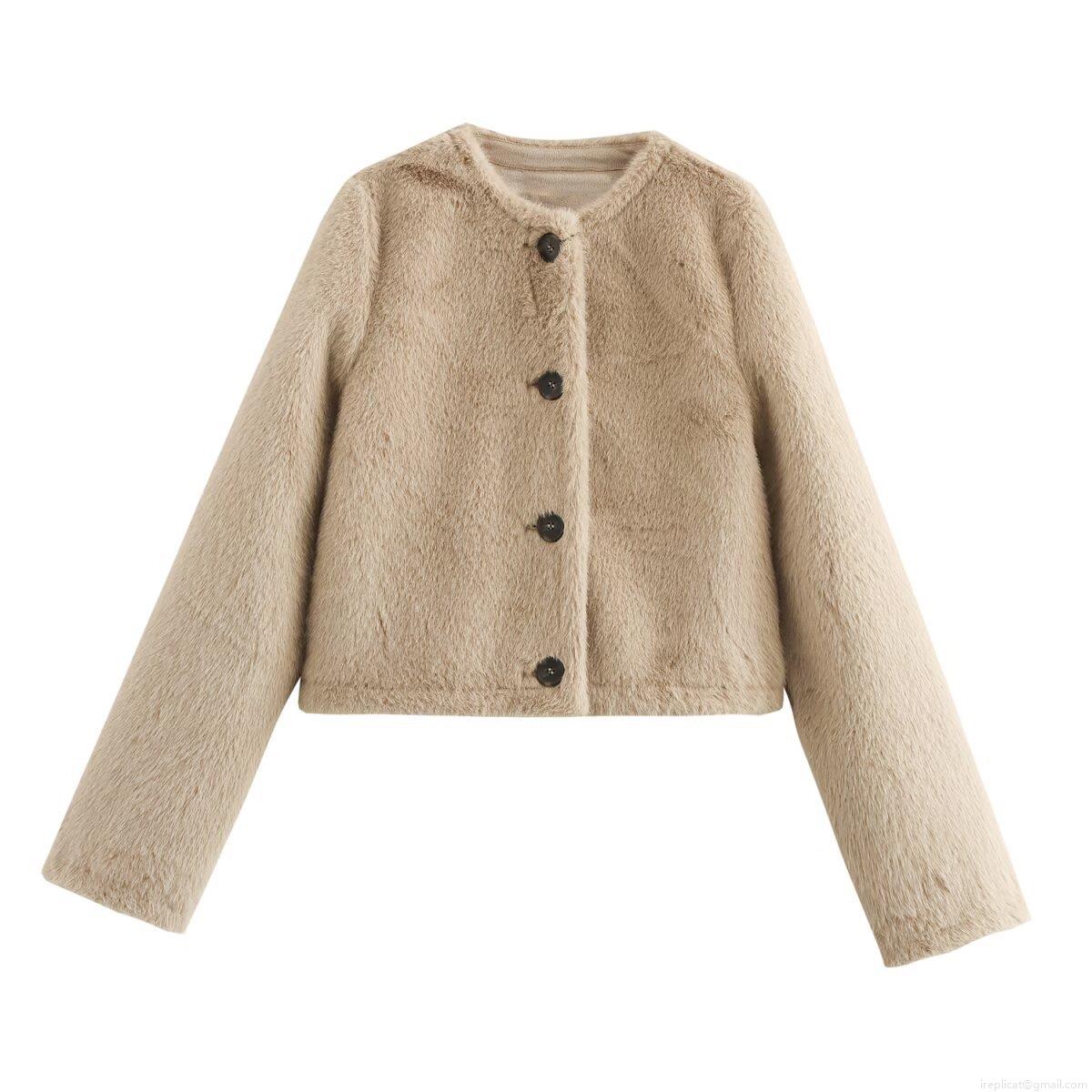 Women's Faux Fur Jacket Winter Warm Short Coat Solid Color Round Neck Single Breasted Outerwear For Lady Casual Streetwear Autumn Outfits