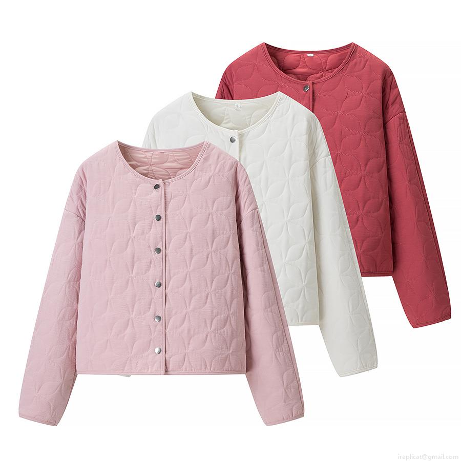 Women's Floral Quilted Jacket Polyester Padded Round Neck Button Up Lightweight Cotton Padded Coat for Autumn Winter Casual Streetwear Lady