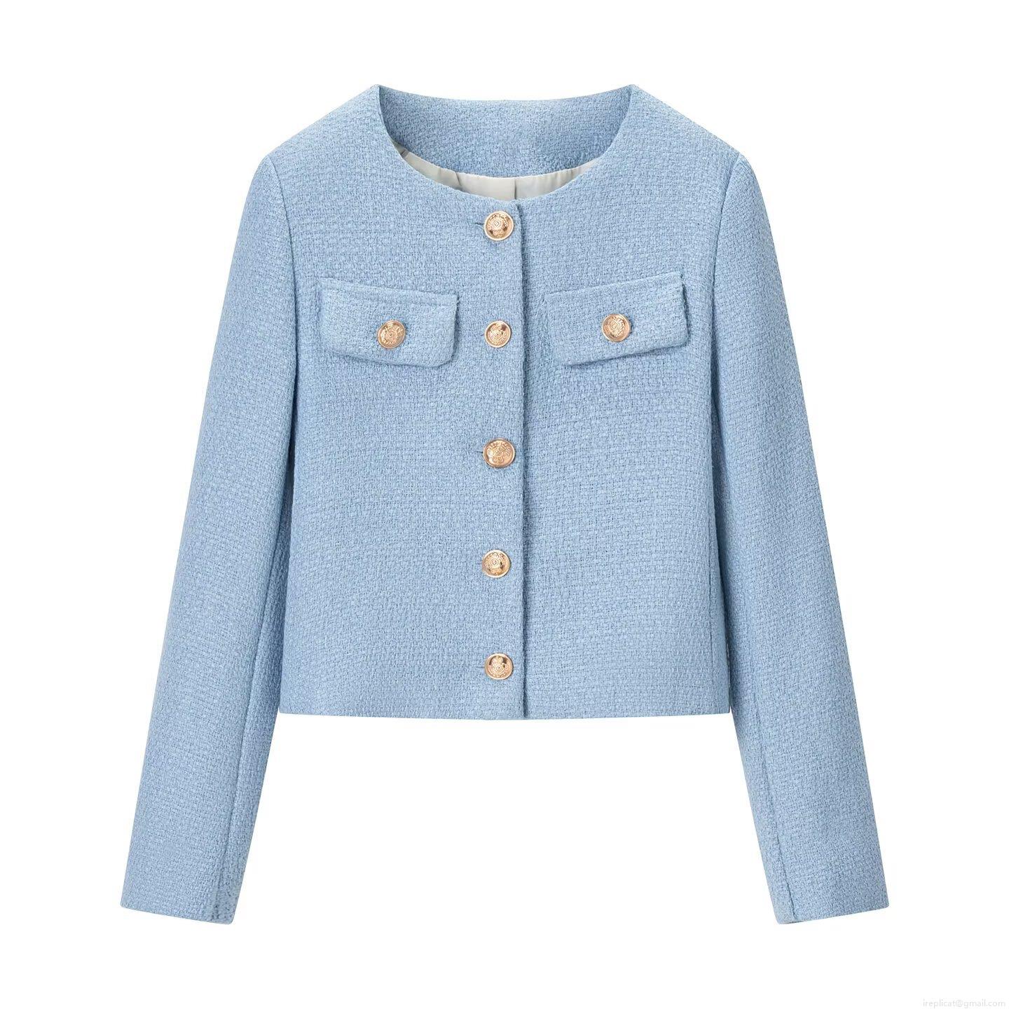 Women's Elegant Light Blue Tweed Jacket Round Neck Gold Button Long Sleeve Cropped Blazer Coat For Autumn Winter Daily Office Wear Street Style