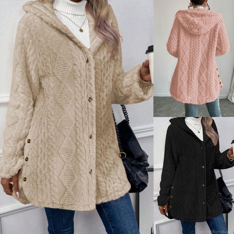 Women's Plus Size Hooded Fleece Jacket Long Sleeve Single Breasted Knit Cardigan Overcoat Warm Fuzzy Teddy Coat With Pockets Solid Color Outerwear For Autumn Winter
