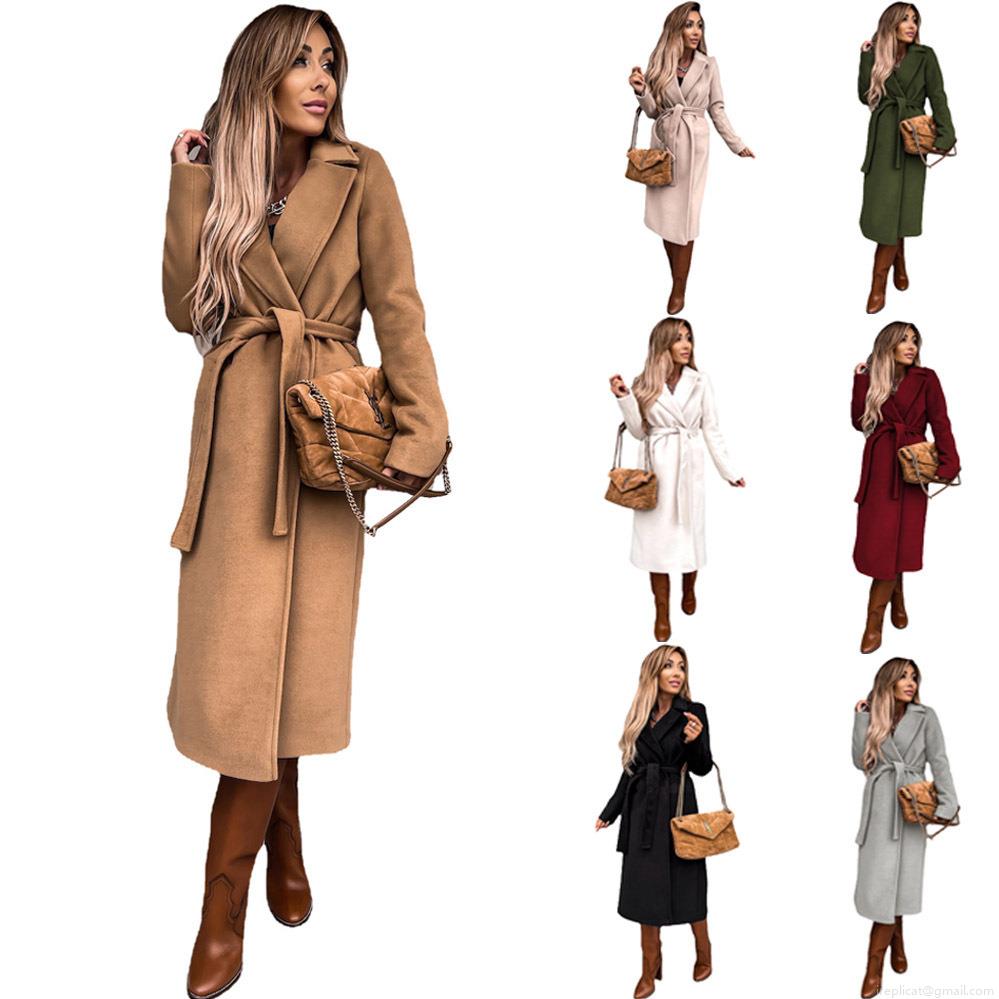 Elegant Women's Long Woolen Coat With Waist Belt Solid Color Lapel Long Sleeve Polyester Trench Coat For Autumn Winter Daily Wear Ladies Streetwear Fashion Outwear