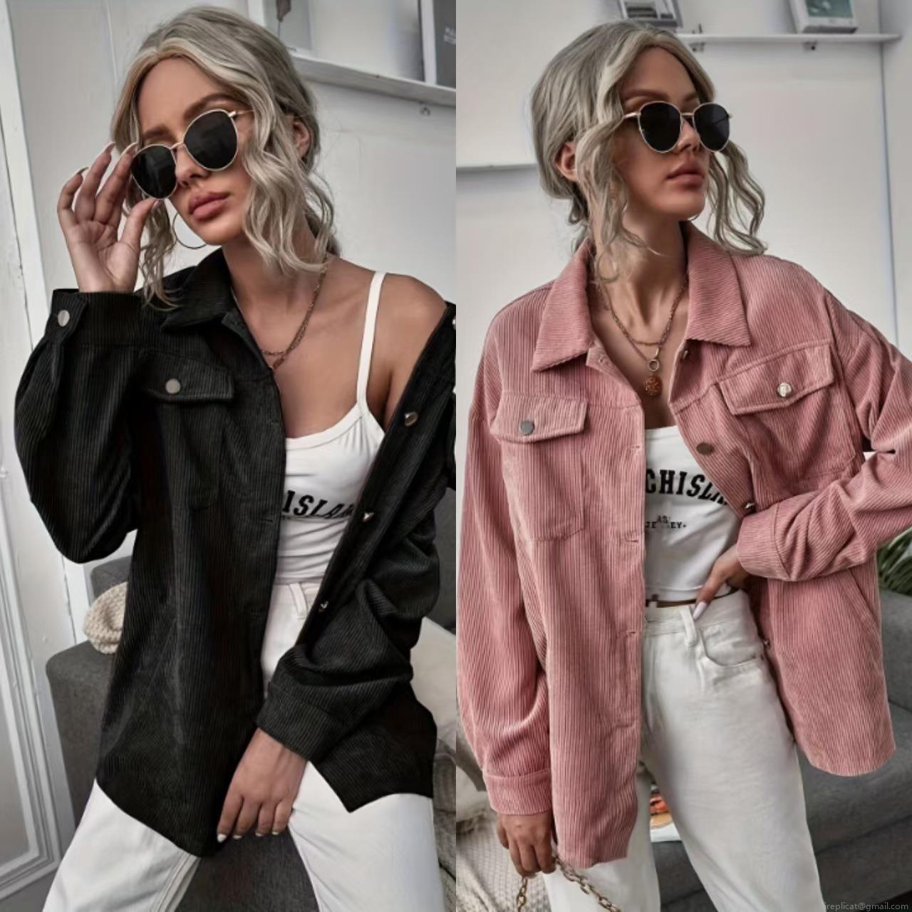 Women's Corduroy Shirt Jacket Loose Fit Lapel Long Sleeve Single Breasted Coat With Pockets Casual Elegant Autumn Outwear Top