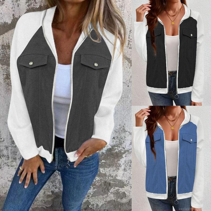 Women's Casual Patchwork Zipper Jacket Long Sleeve Color Block Outerwear With Pockets Polyester Spandex Denim Texture Stitching Coats For Autumn Winter Streetwear