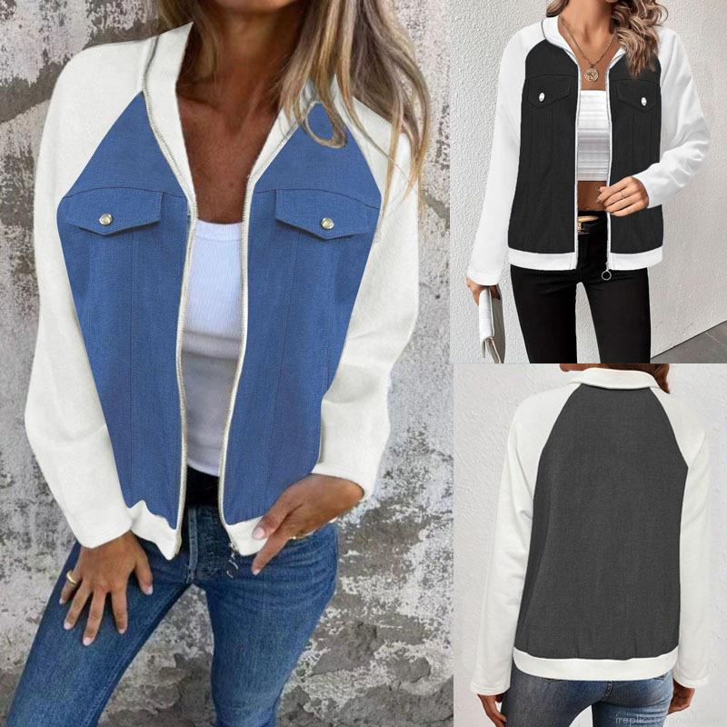 Women's Plus Size Color Block Raglan Sleeve Jacket Casual Contrast Patchwork Zipper Outerwear Coat With Pockets For Women Daily Casual Wear