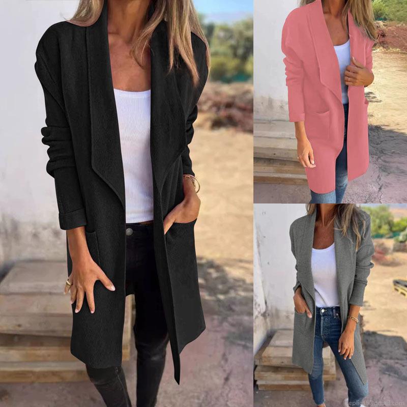 Women's Mid-Length Cardigan Coat Double-Sided De-Velvet Lapel Open Front Jacket Casual Loose Warm Outerwear With Pockets For Autumn Winter Solid Color Top