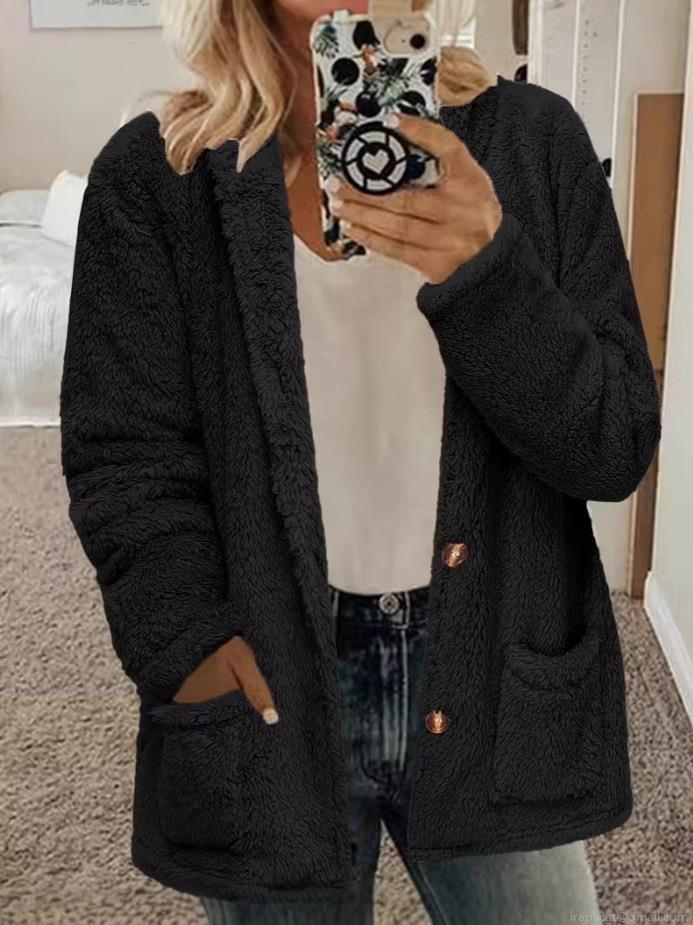Women's Fuzzy Sherpa Fleece Hooded Cardigan Jacket Loose Fit Warm Winter Plush Coat With Pockets Button Down Outwear For Ladies Casual Daily Wear