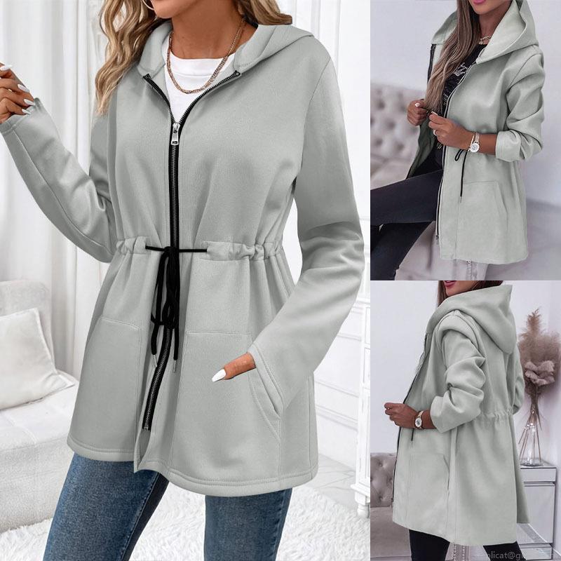 Women Plus Size Hooded Fleece Jacket-Casual Mid-Length Drawstring Waist Zip-Up Sweatshirt Coat-Autumn Winter Solid Color Warm Long Sleeve Outwear