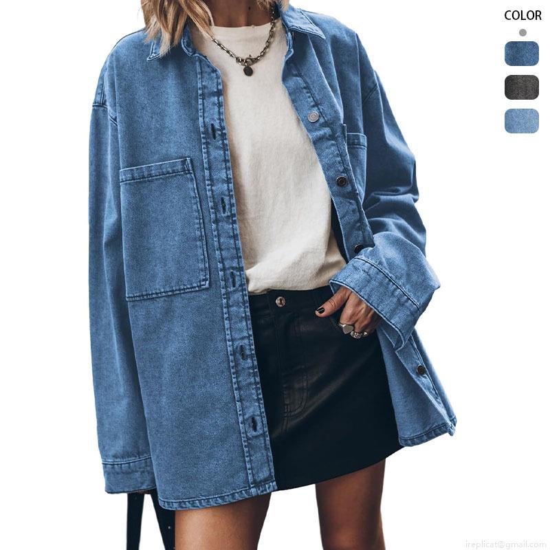 Women's Vintage Washed Denim Jacket Shirt Oversized Long Sleeve Button Down Blouse with Large Pockets Casual Western Style Spring Autumn Denim Outerwear Tops