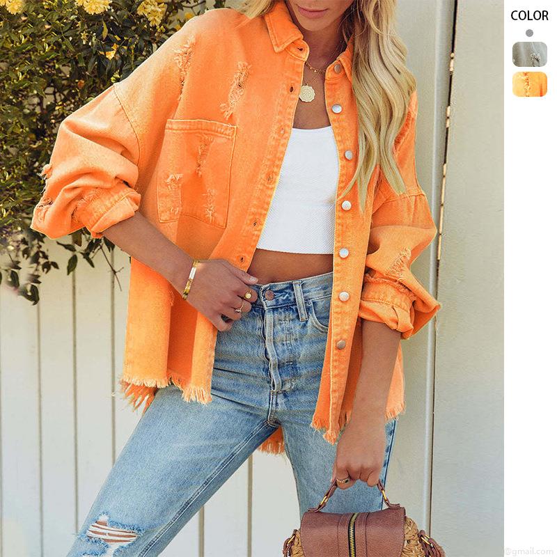 Women Vintage Ripped Denim Jacket Oversized Distressed Jean Shirt Outerwear Long Sleeve Frayed Hem Button Down Jean Coat With Pockets