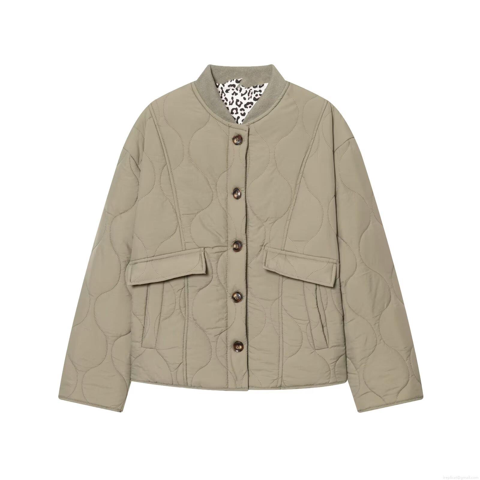 Women Casual Quilted Padded Jacket With Leopard Print Lining Stand Collar Button Up Onion Pattern Padded Coat For Winter Ladies Outerwear