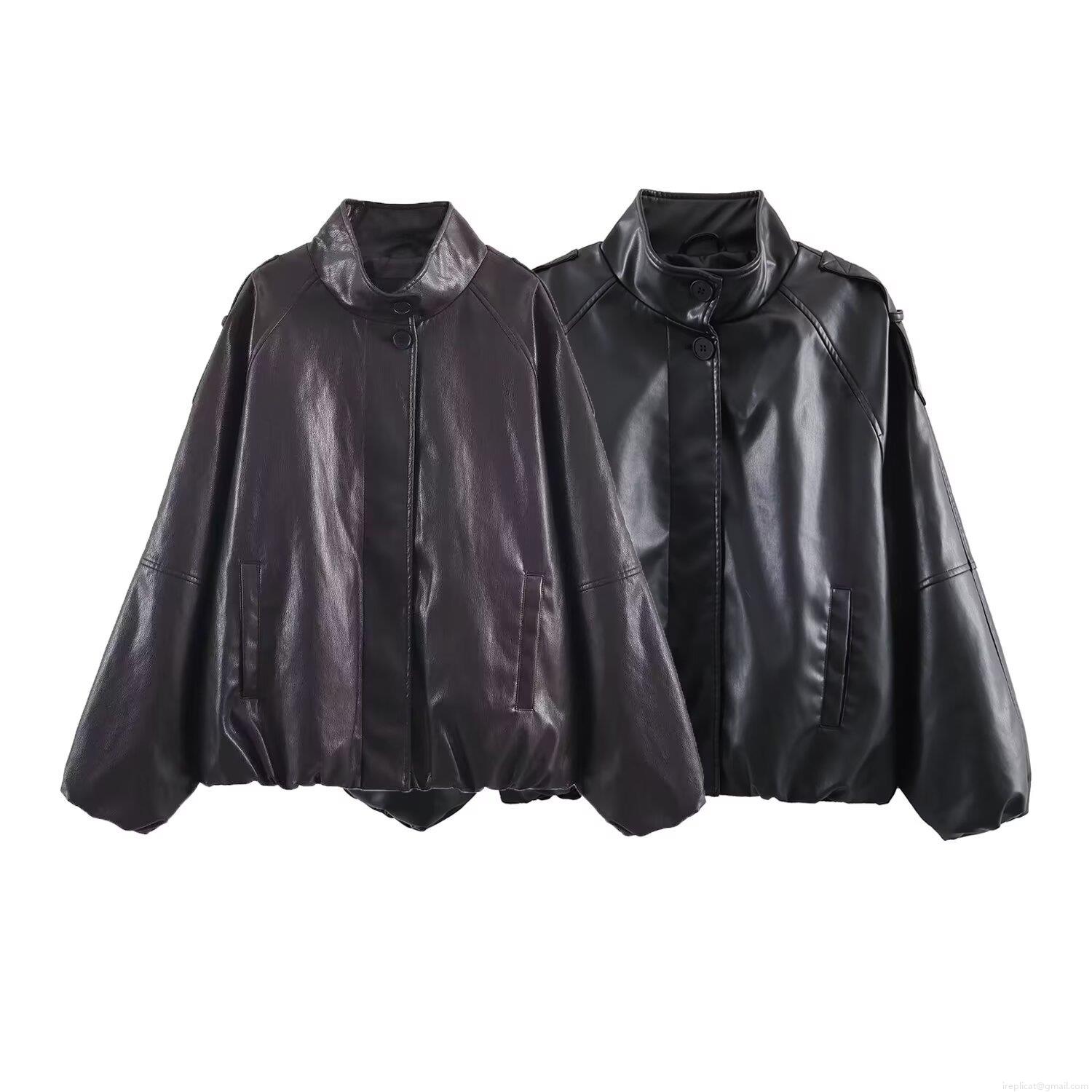 Women's Fashion Faux Leather Stand Collar Jacket Loose Casual PU Leather Zip Up Coat Long Sleeve Windproof Outerwear Solid Color Retro Style For Ladies Daily Wear