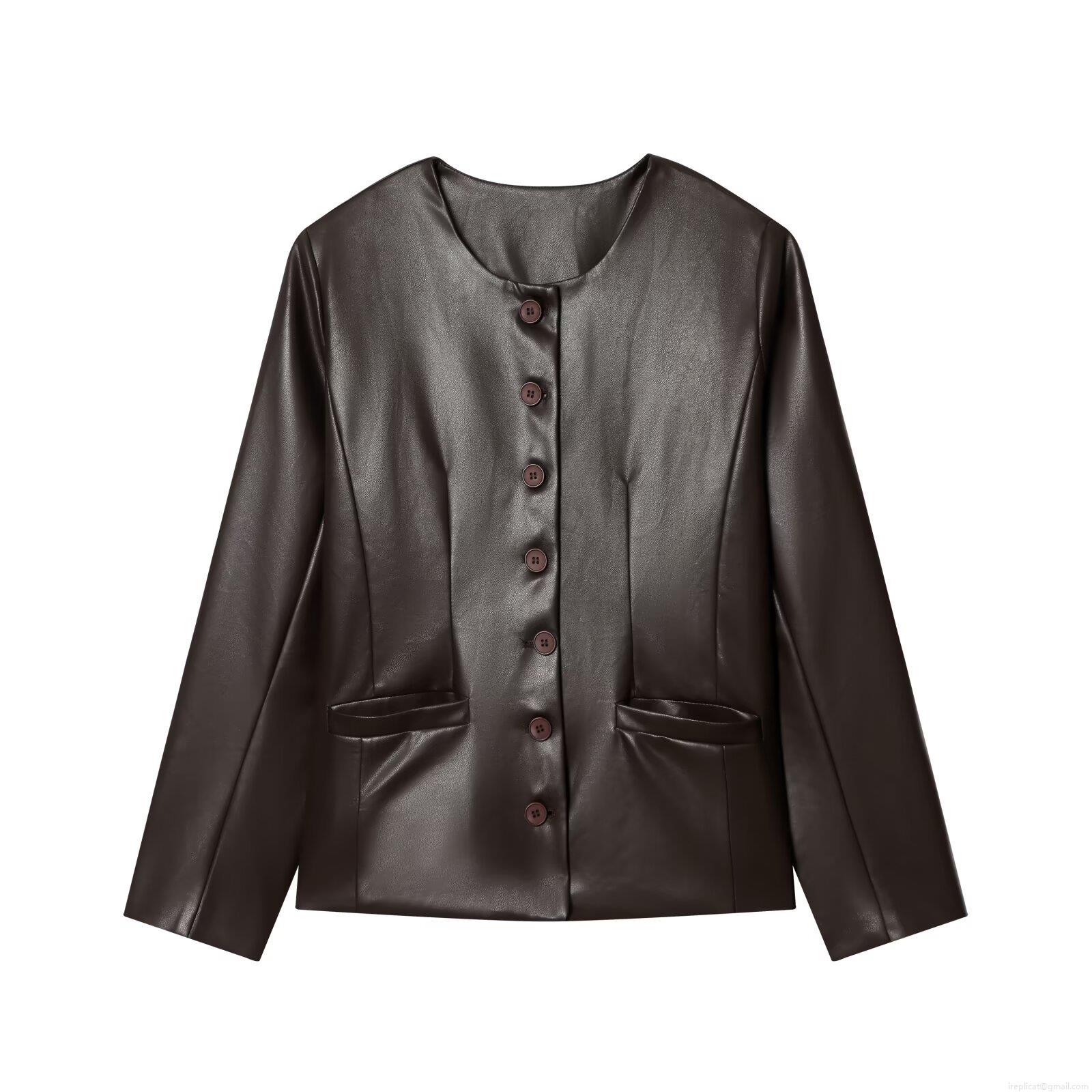 Women's Minimalist PU Faux Leather Jacket Round Neck Single Breasted Long Sleeve Short Coat With Pockets Casual Versatile Polyester Daily Outerwear For Women