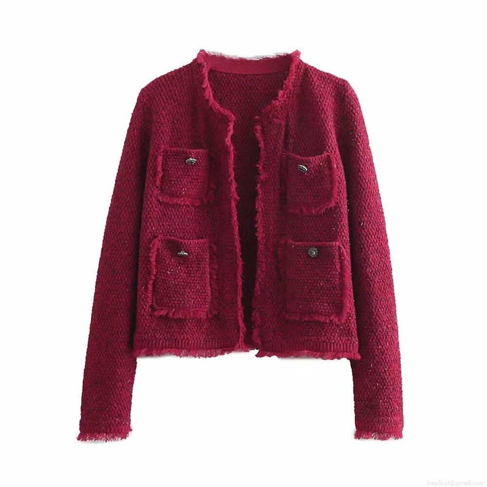 Women's Elegant Vintage Tweed Jacket Long Sleeve Round Neck Fringed Trim Knit Cardigan With Metal Buttons Four Pockets Casual Office Outerwear