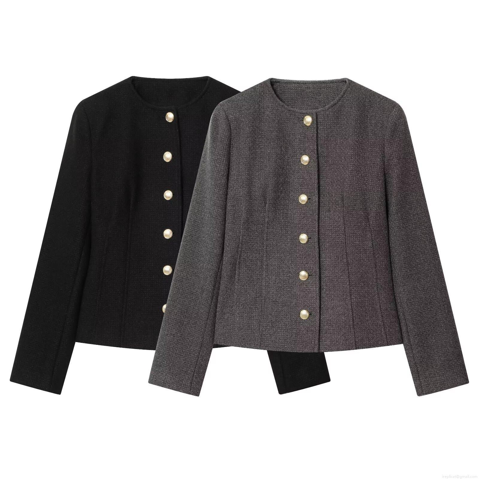 Elegant Women Tweed Jacket Round Neck Gold Buttons Solid Color Long Sleeve Short Outerwear Casual Commute Ladies Textured Blazer Coat