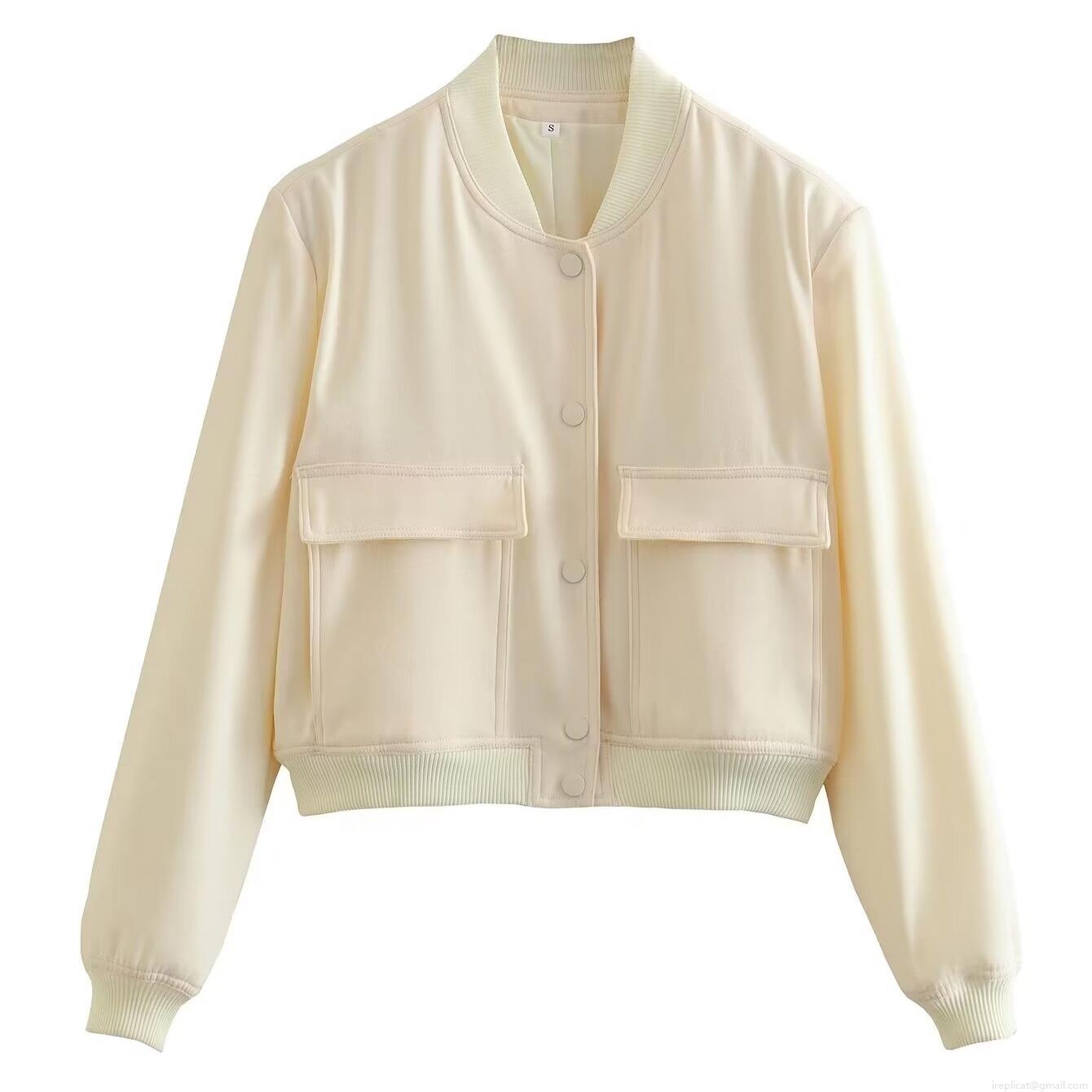 Women's Casual Bomber Jacket Lightweight Polyester Spandex Blend Stand Collar Double Flap Pockets Short Outerwear Coat For Daily Travel Spring Summer