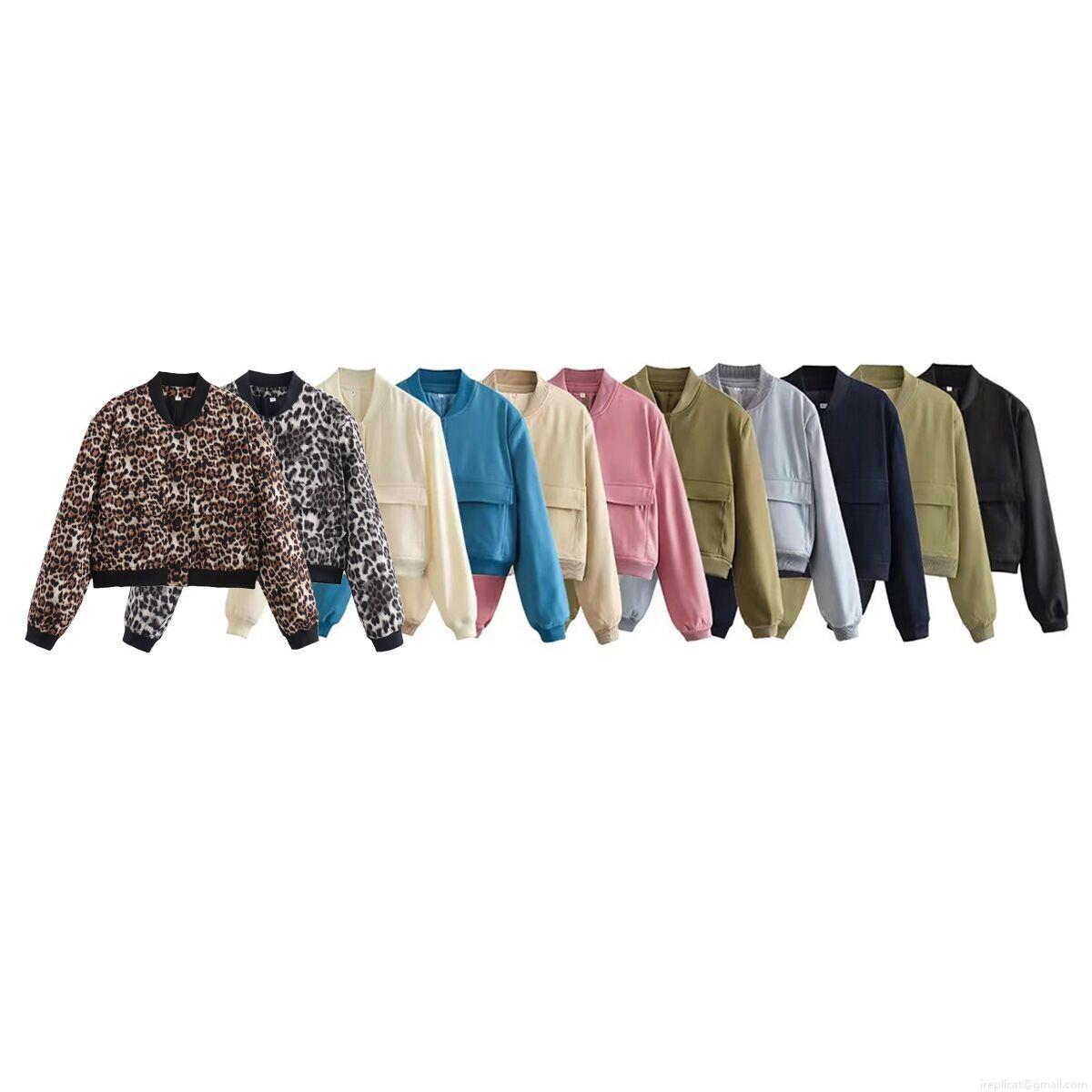 Women's Fashion Short Bomber Jacket 100% Polyester Stand Collar Slim Fit Casual Windbreaker Coat With Large Pockets And Ribbed Trim Autumn Outerwear For Ladies