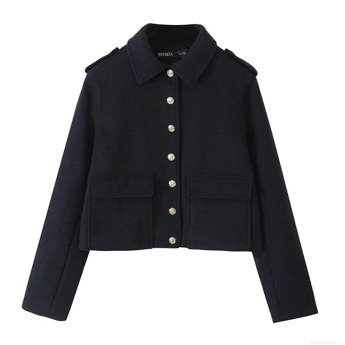 Women's Short Woolen Jacket Coat Fashion Solid Color Turn-down Collar Outerwear With Embossed Metal Buttons And Shoulder Straps For Autumn Daily Casual Lady Clothing