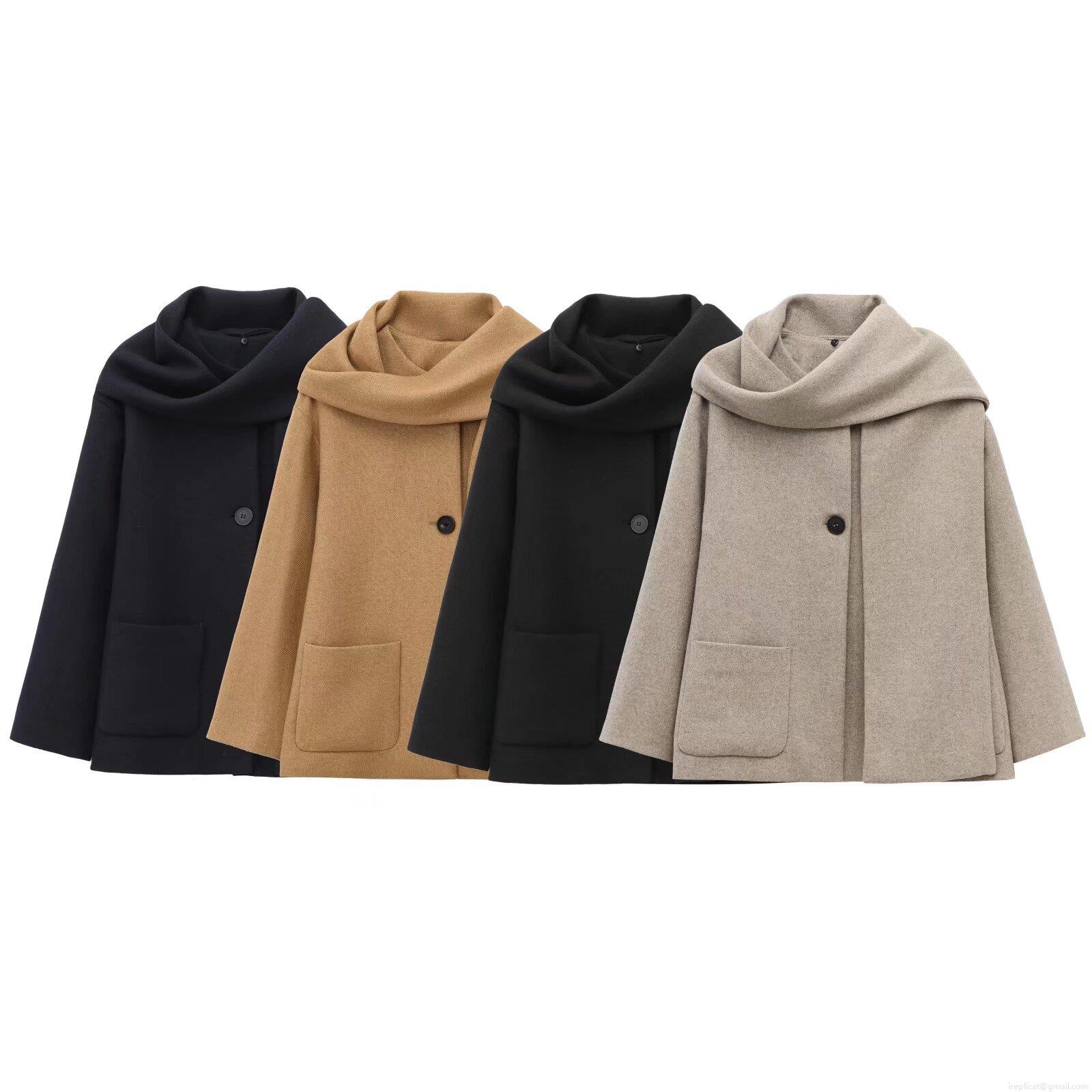 Women's Elegant Scarf Collar Woolen Coat Fashion Casual Loose Long Sleeve Outwear Solid Color Warm Jacket For Autumn Winter Ladies Clothing
