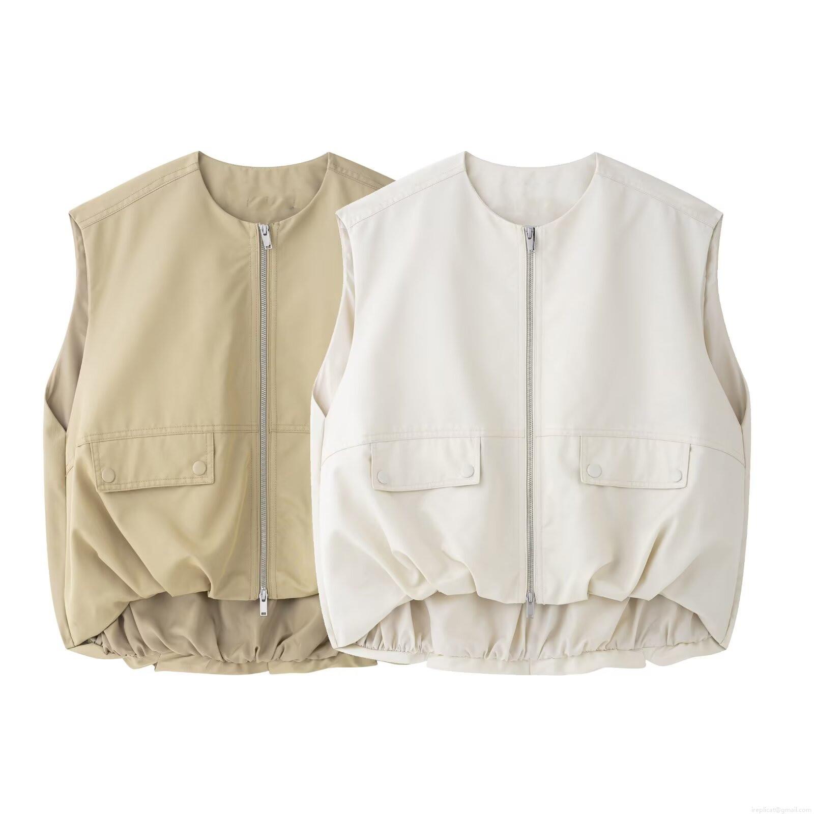 Women's Casual Utility Vest Round Neck Zipper Pockets Loose Sleeveless Jacket 100% Polyester Solid Color Spring Summer Fashion Outerwear Women Daily Outdoor Wear